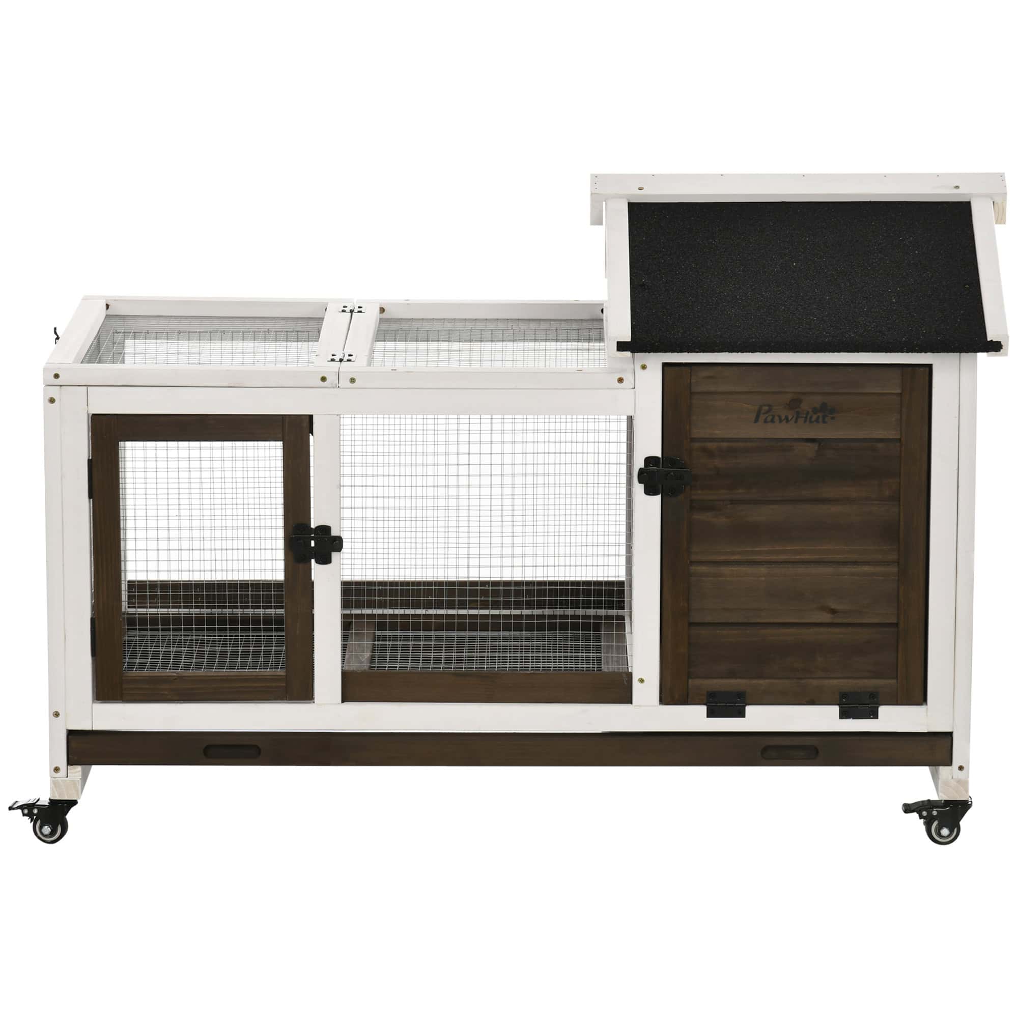 Rabbit Cage with Wheels, Ramp, Run, Tray for Indoor Outdoor, Suitable for Rabbit, Guinea Pig, Coffee