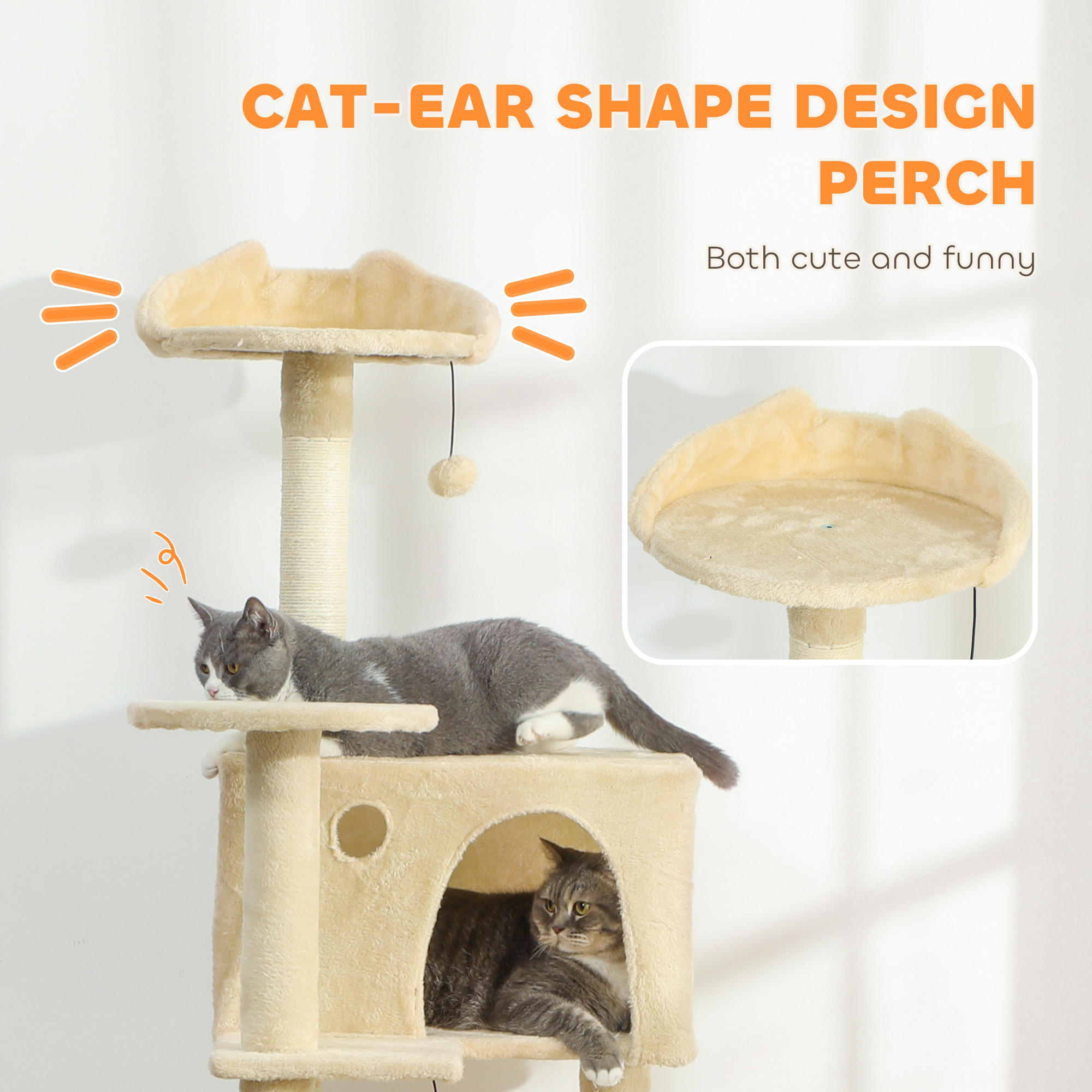 63 Inch Cat Tree with Sisal Scratching Posts, Condos, Plush Perches, Hammock, Ladder, Dangling Balls, Beige