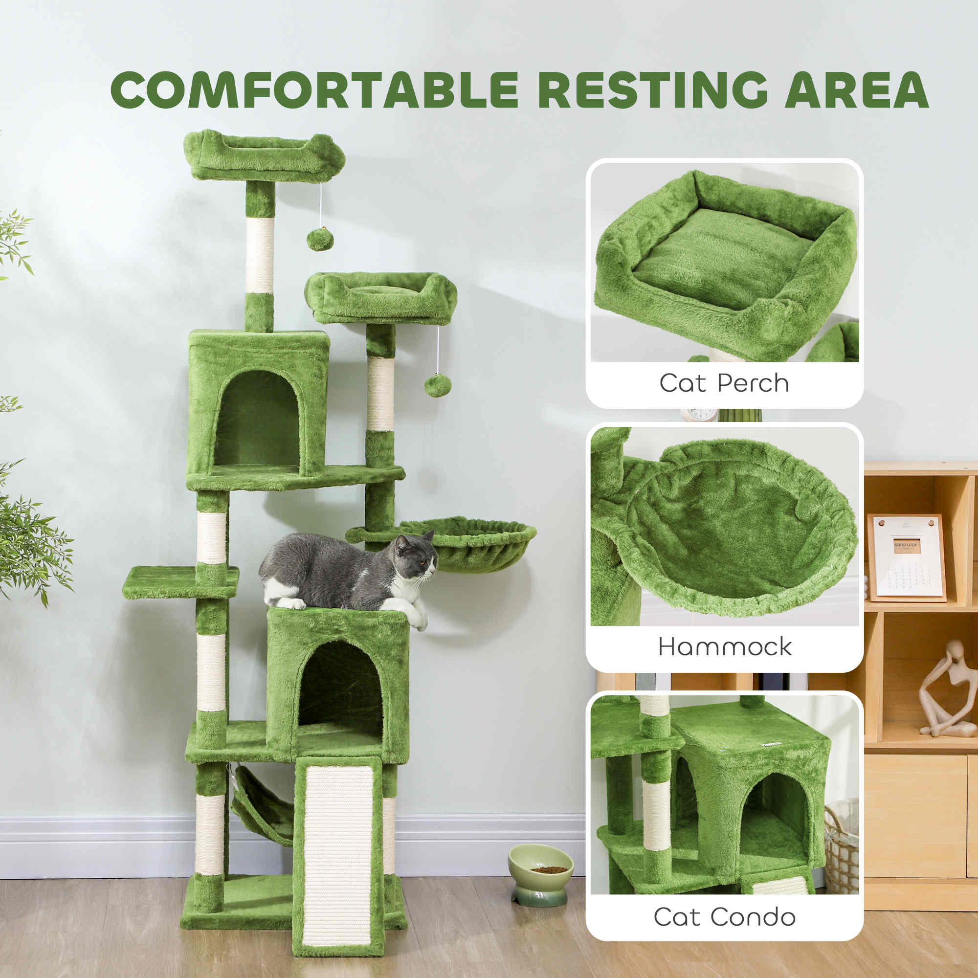 Cat Tree, 70" Multi-Level Cat Tower with 2 Condos, 2 Perches, Hammock, Toy Balls, Scratching Posts and Board, Green