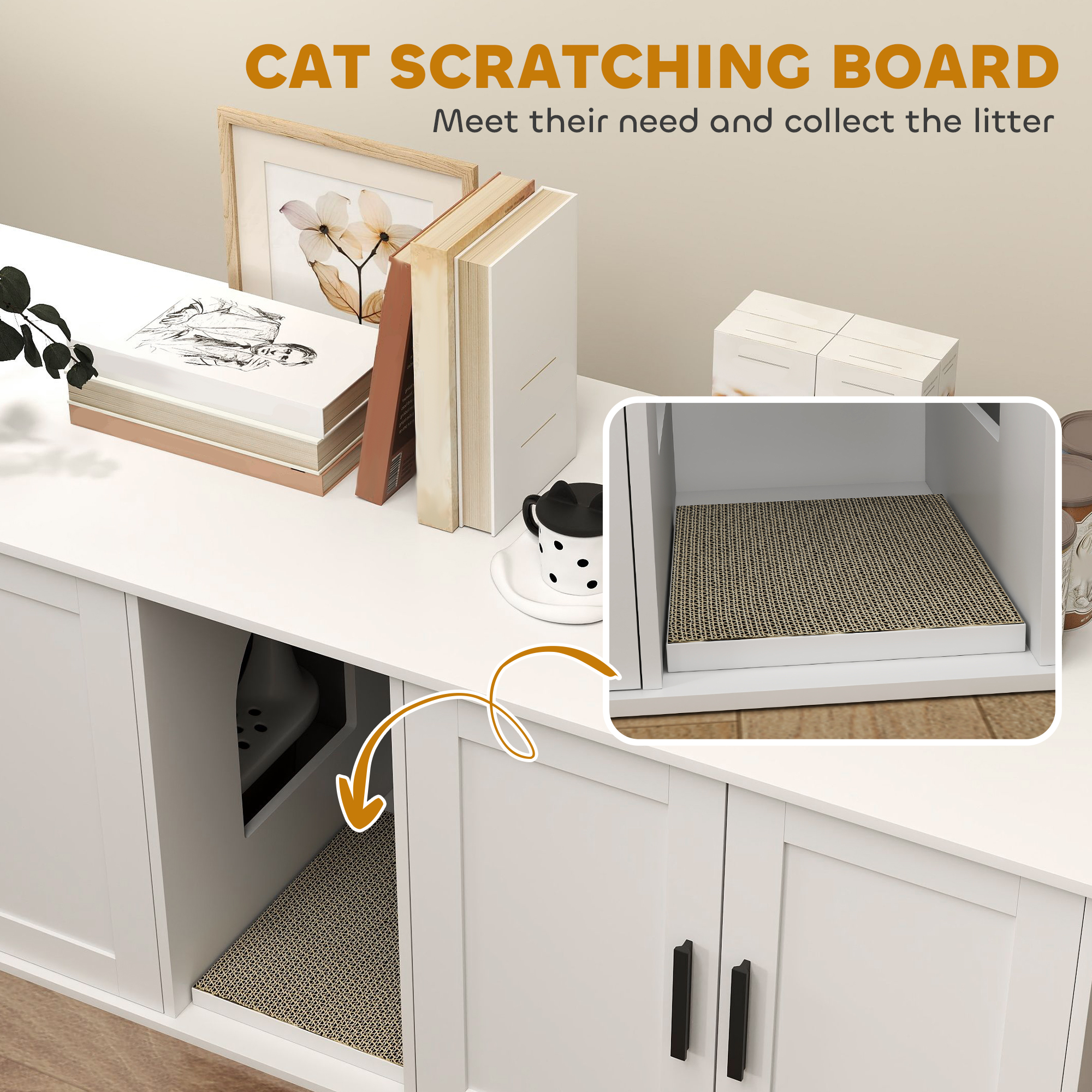 Cat Litter Box Enclosure with Double Room, Scratching Board for 2 Cats, 57" x 19" x 20", White - Image 7