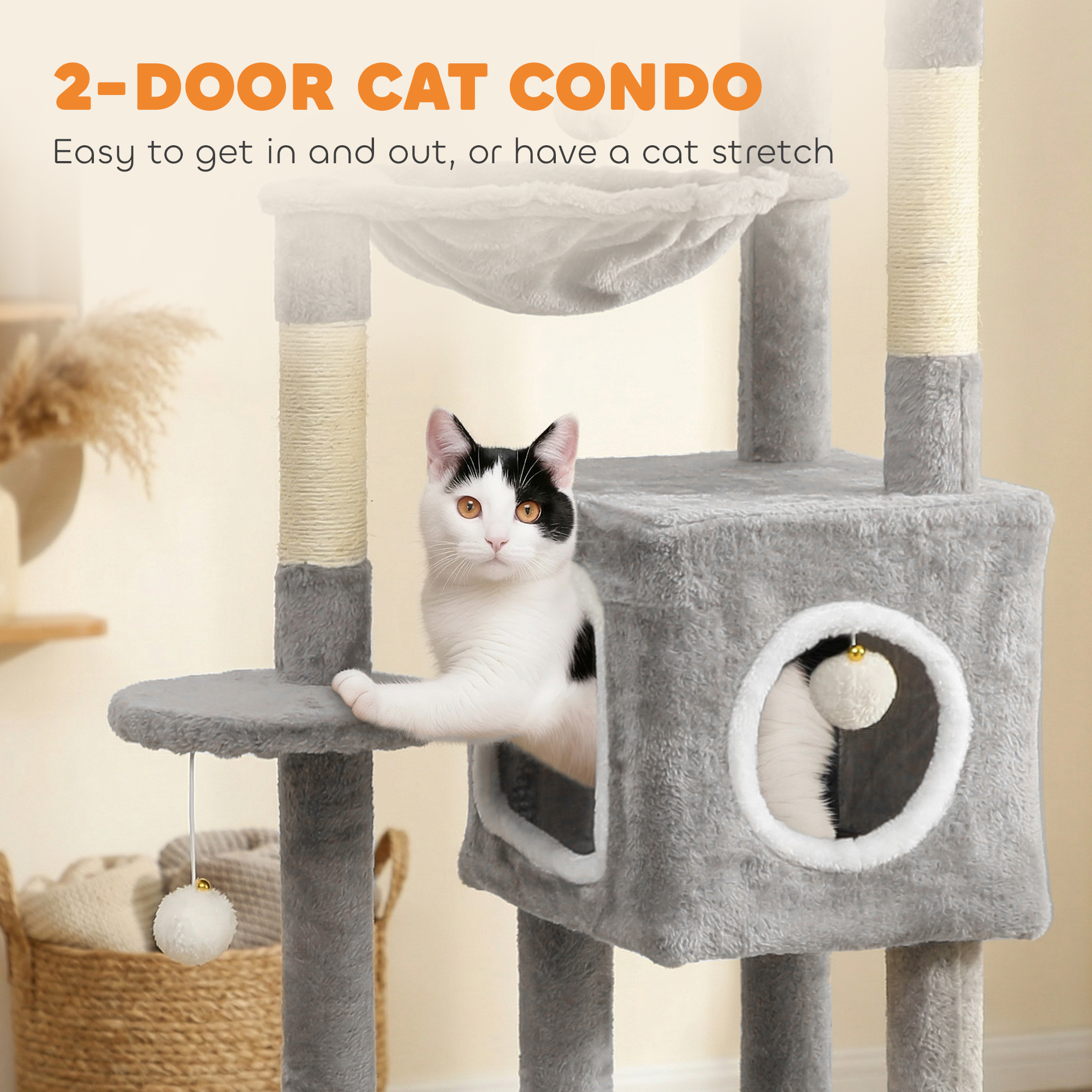 65 Inch Cat Tree with 2 Doors Condos, Plush Top Perch, Hammock, Sisal Scratching Posts, 4 Pompoms, Ramp, Grey - Image 5