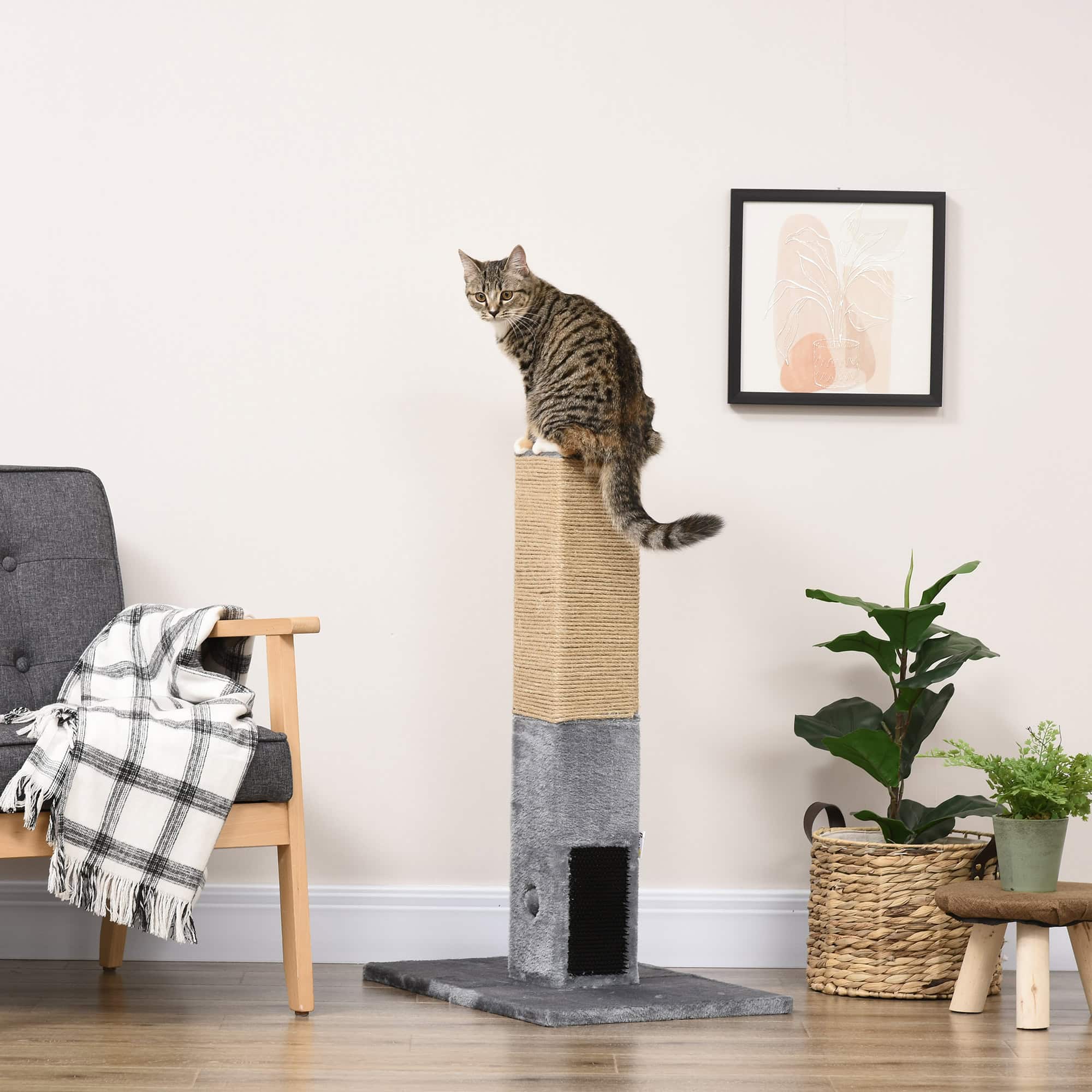 31" Tall Cat Scratching Post for Indoor Cats with Hanging Balls, Grooming Brushes, Stable Base, Grey