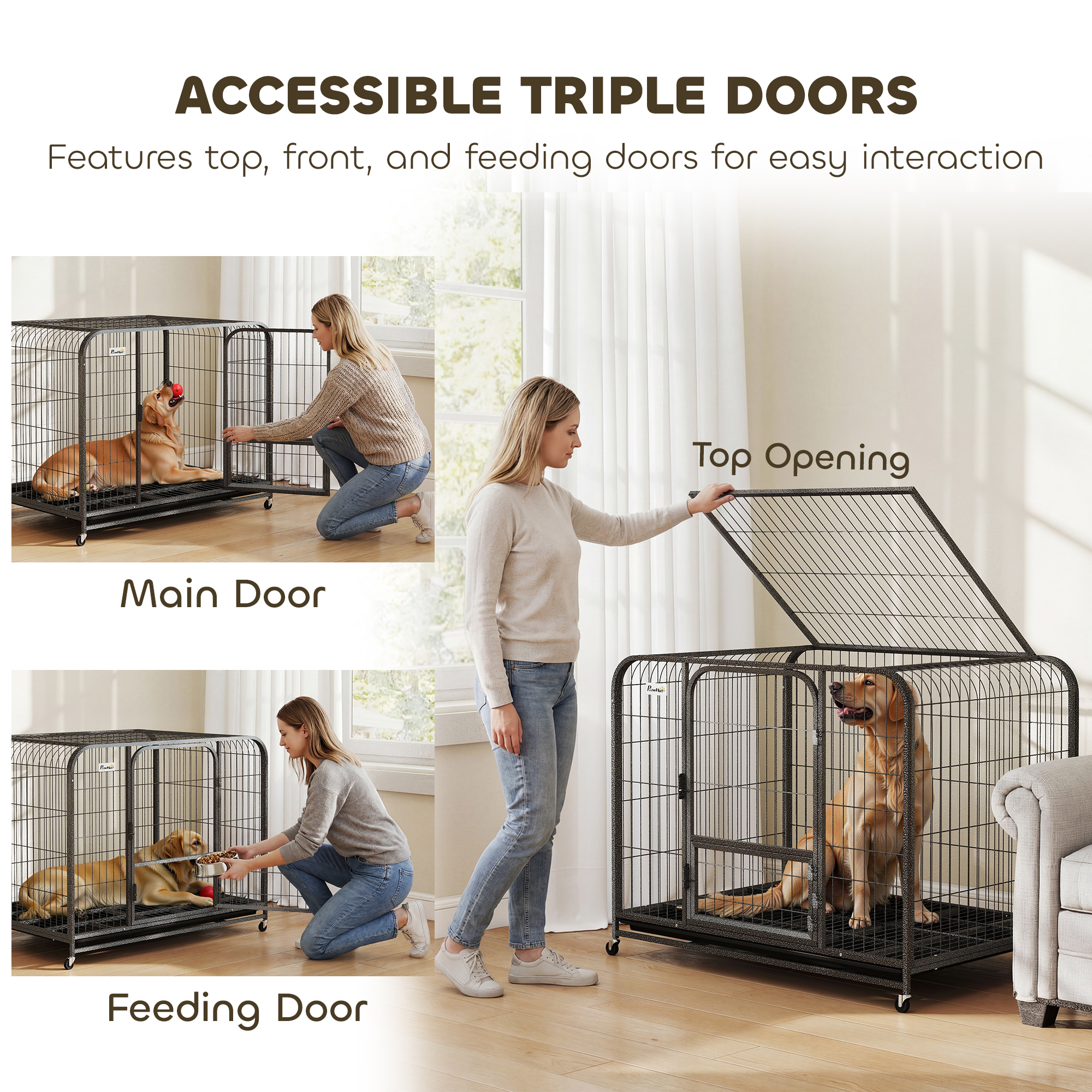 43 Inch Heavy Duty Dog Crate, Extra Large Metal Dog Cage with Lockable Wheels and Removable Tray