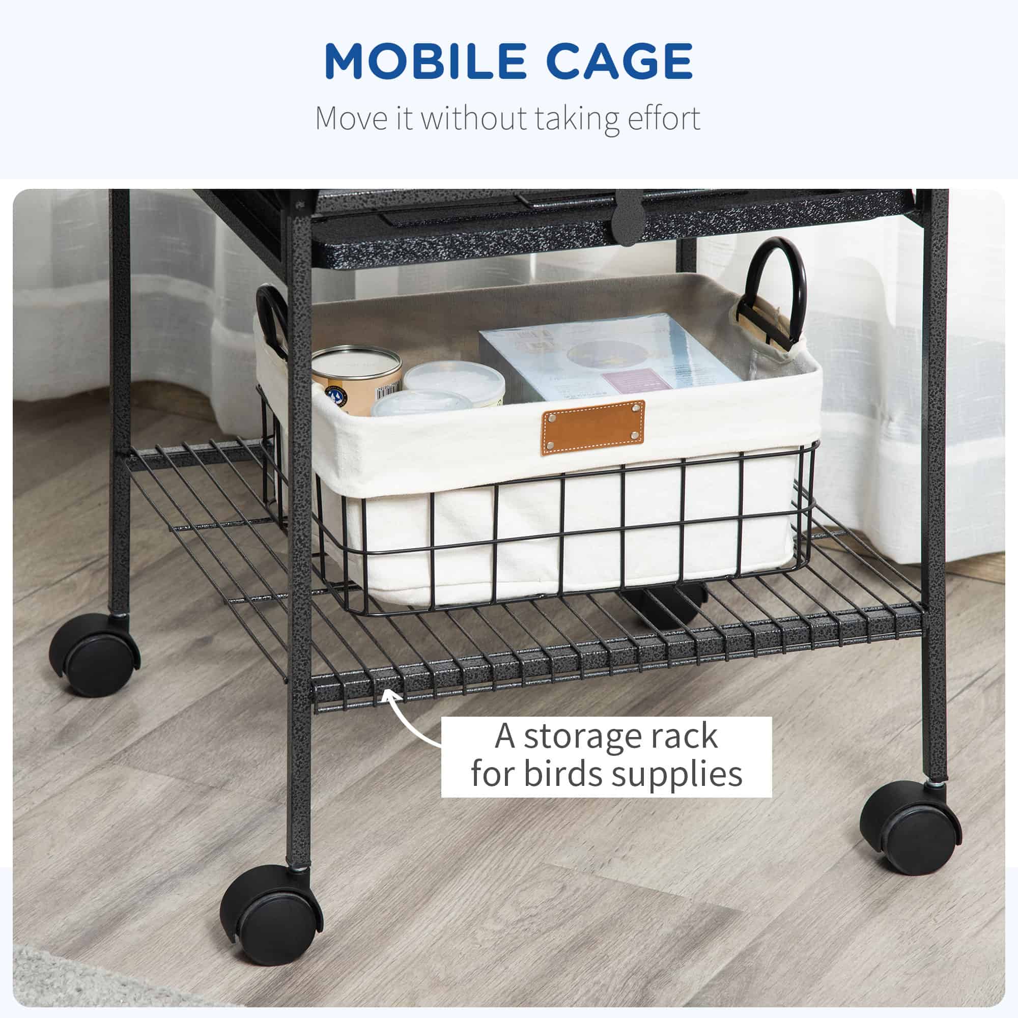 61.5 Inch Bird Cage Parakeet House for Cockatiel with Stand, Pull Out Tray, Play Top, Storage Shelf, Wood Perch, Food Container
