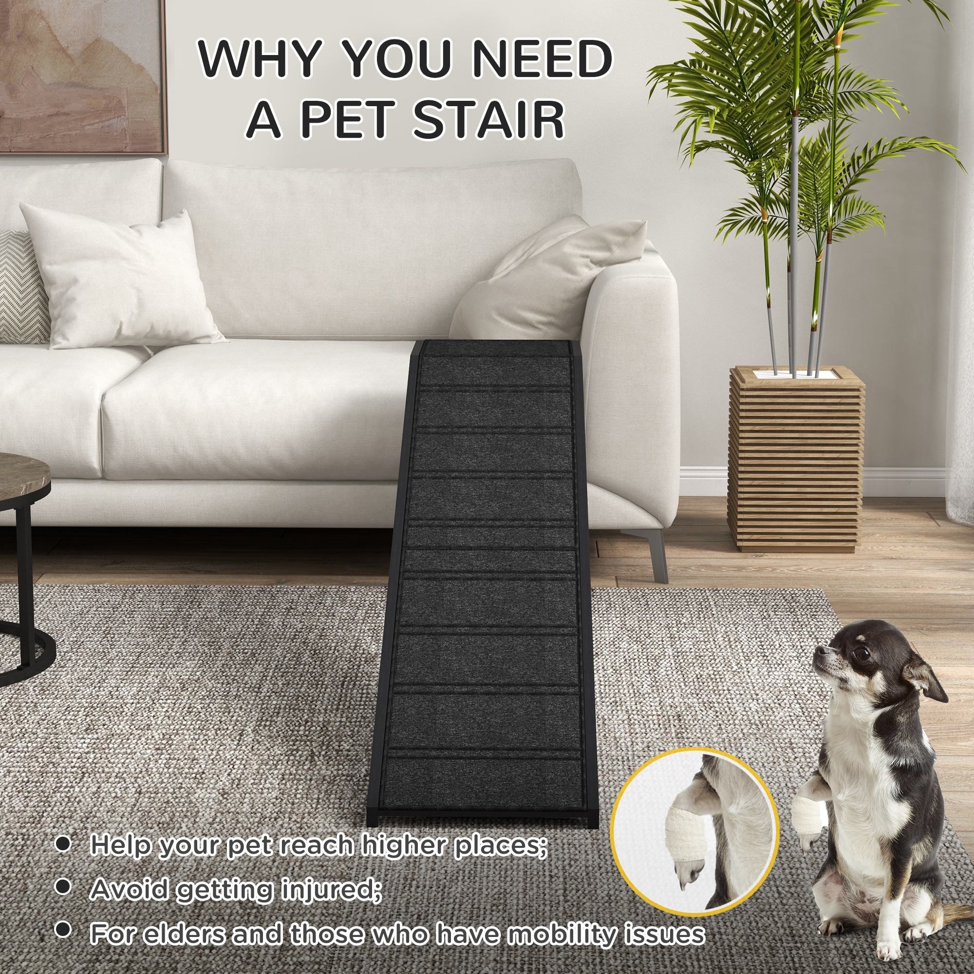 Pet Ramp Bed Steps for Dogs Cats Non-slip Carpet Top Platform Pine Wood 74"L x 16"W x 25"H Black