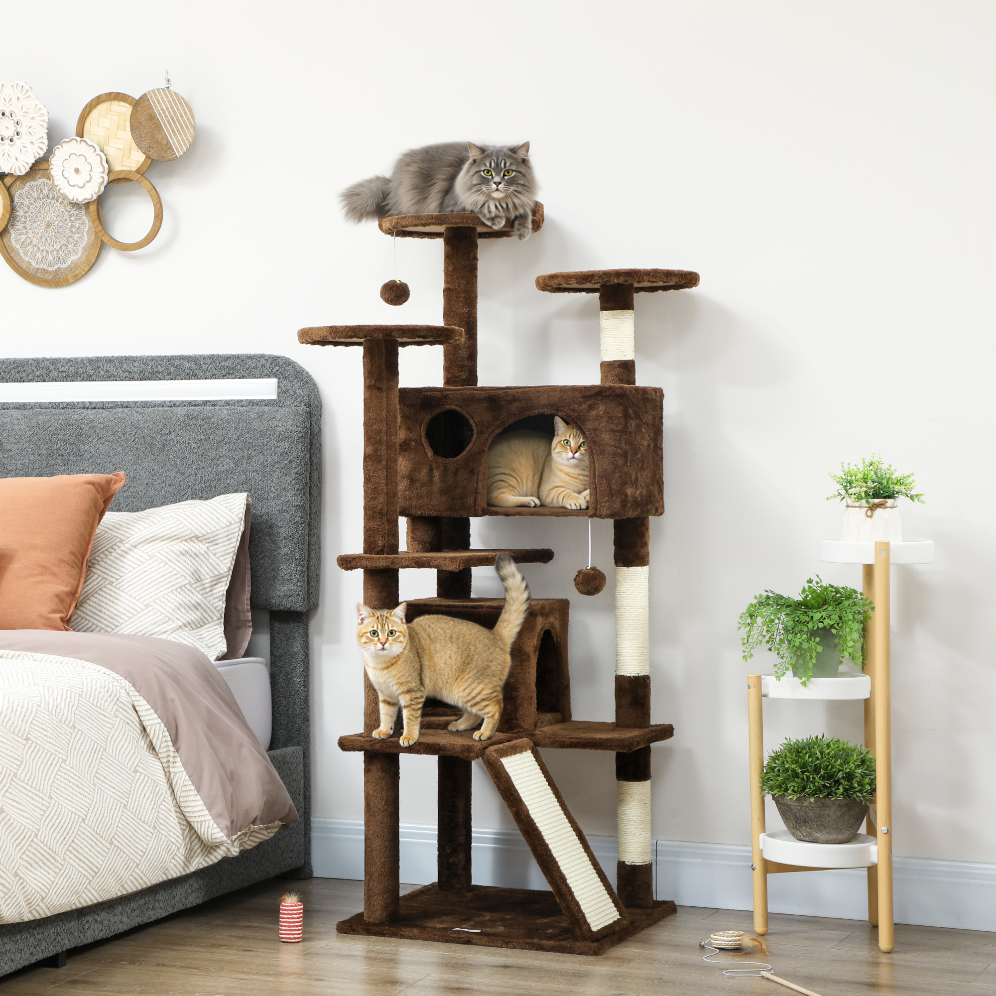 54" Cat Tree, Multi-Level Cat Tower with Scratching Posts, Cat Condos, Bed, Platforms, Ramp, Toy Ball, Light Brown
