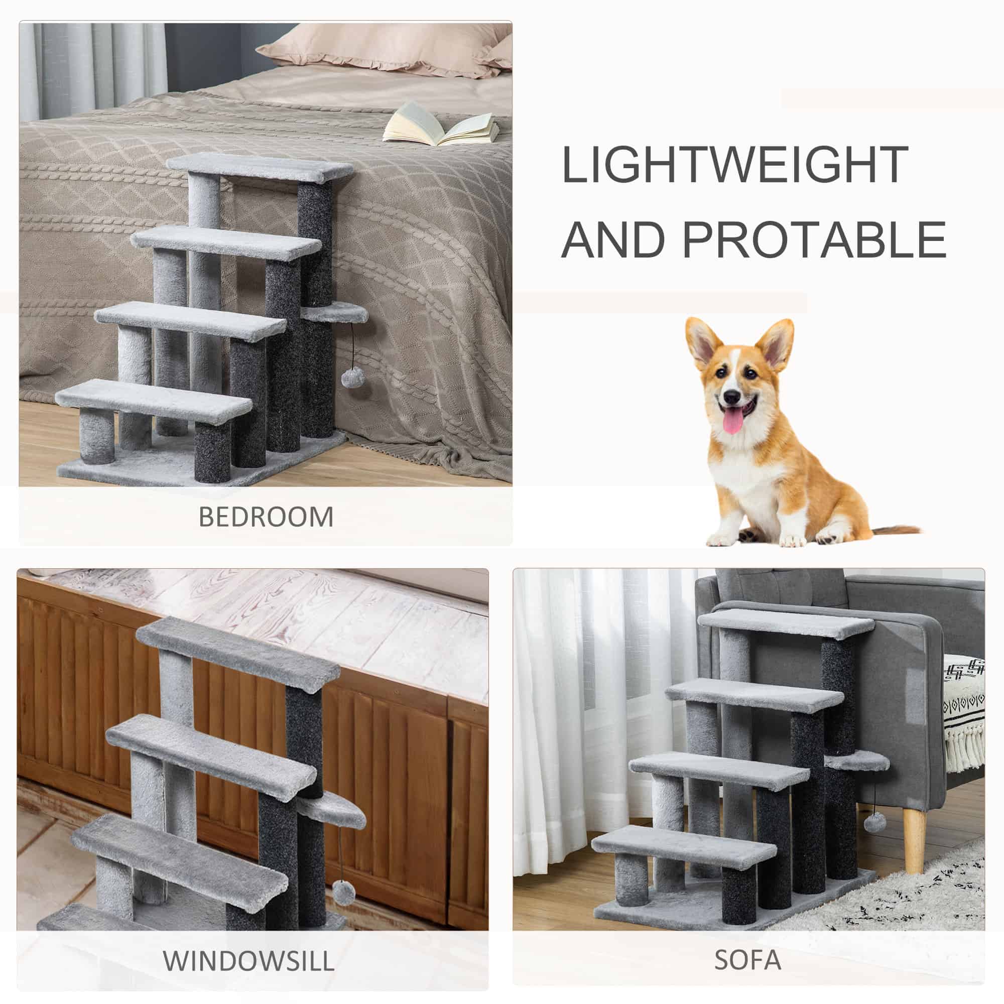 Cat Stairs for Bed, Couch 4 Steps, Small Cat Tree for Indoor Cats with Scratching Posts Toy Ball, 23.5" x 16" x 25"