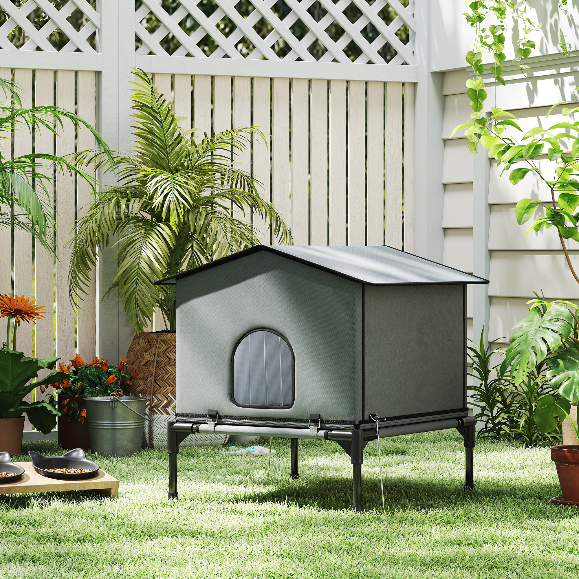 Outdoor Cat House, Waterproof Insulated Cat Kennel with Elevated Base, Foldable Feral Kitty Shelter for Kittens, Grey