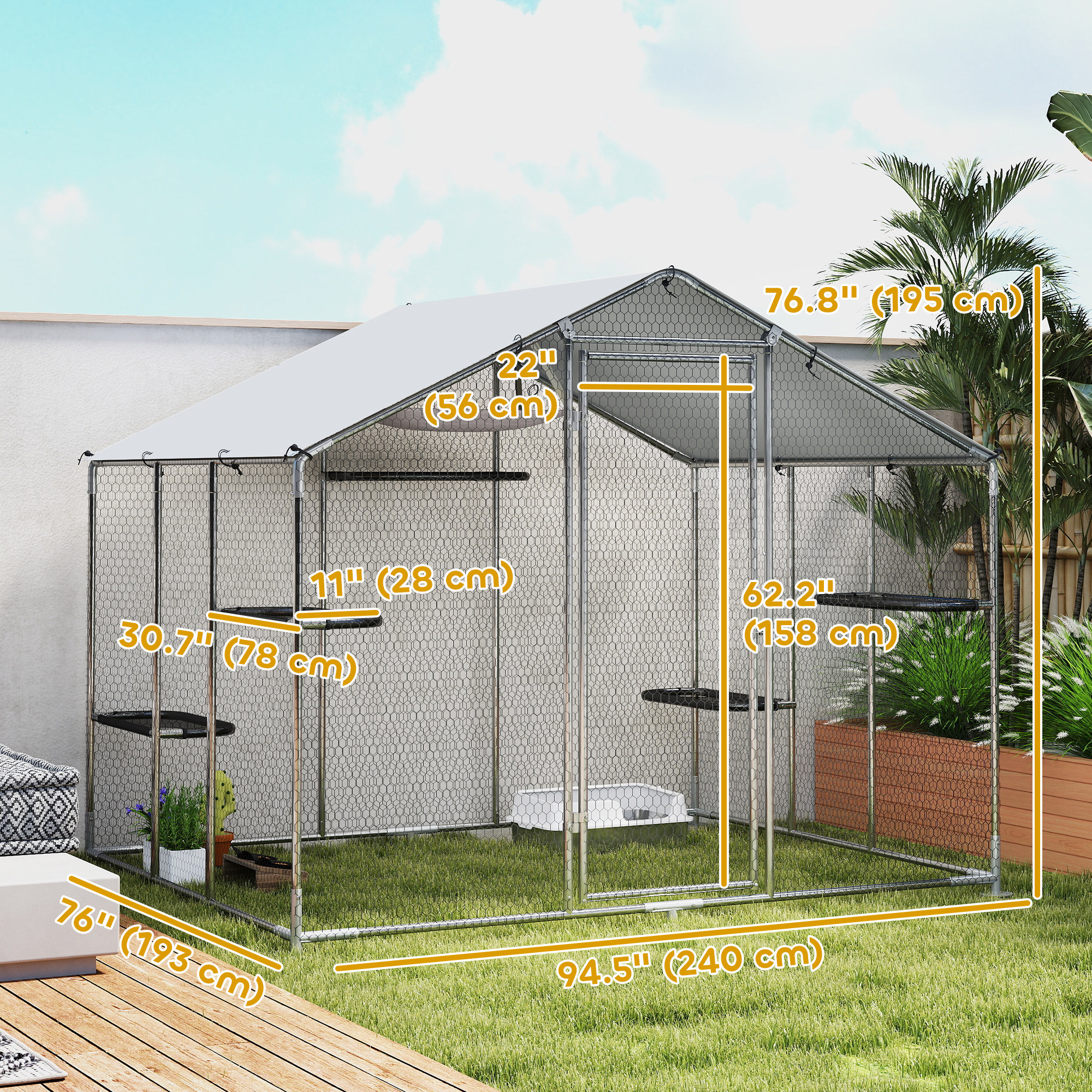 Large Catio Outdoor Cat Enclosure with Waterproof Cover, Walk-in Cat Patio w/ 5 Adjustable Platforms & Hammock 94.5" L