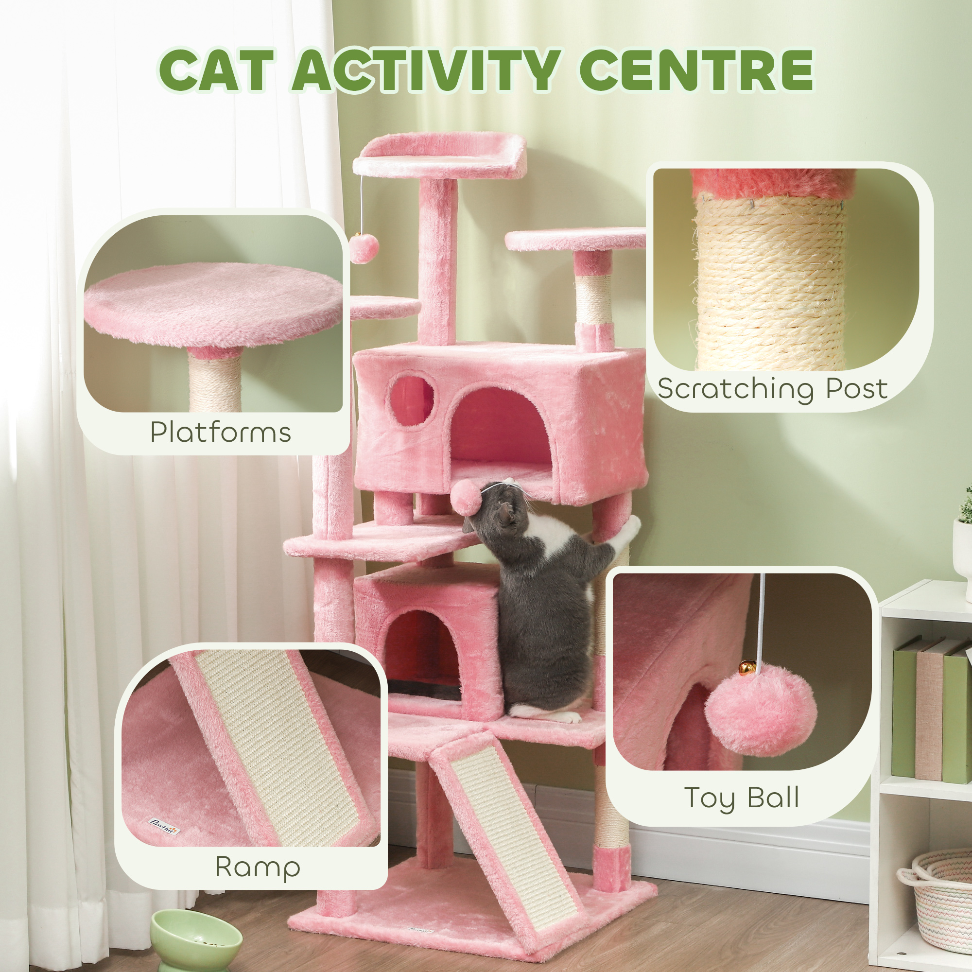 54" Cat Tree, Multi-Level Cat Tower with Scratching Posts, Cat Condos, Bed, Platforms, Ramp, Toy Ball, Pink
