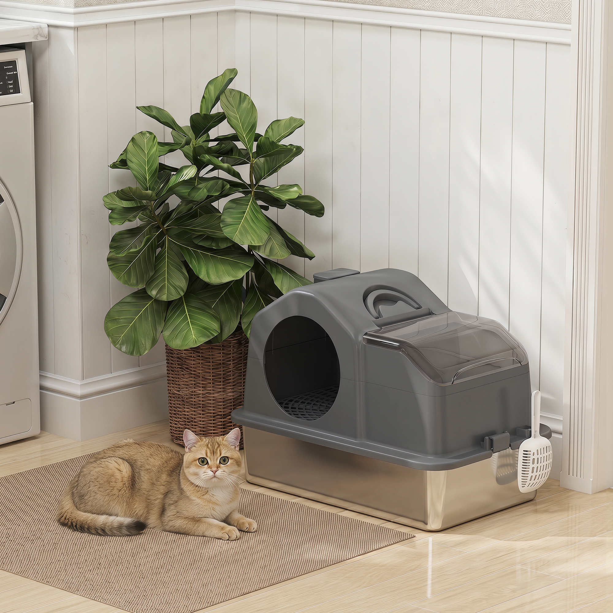 Extra Large Stainless Steel Cat Litter Box w/ High Sided, Removable Lid, Scoop, Odor Free, Non-Sticky, Dark Grey