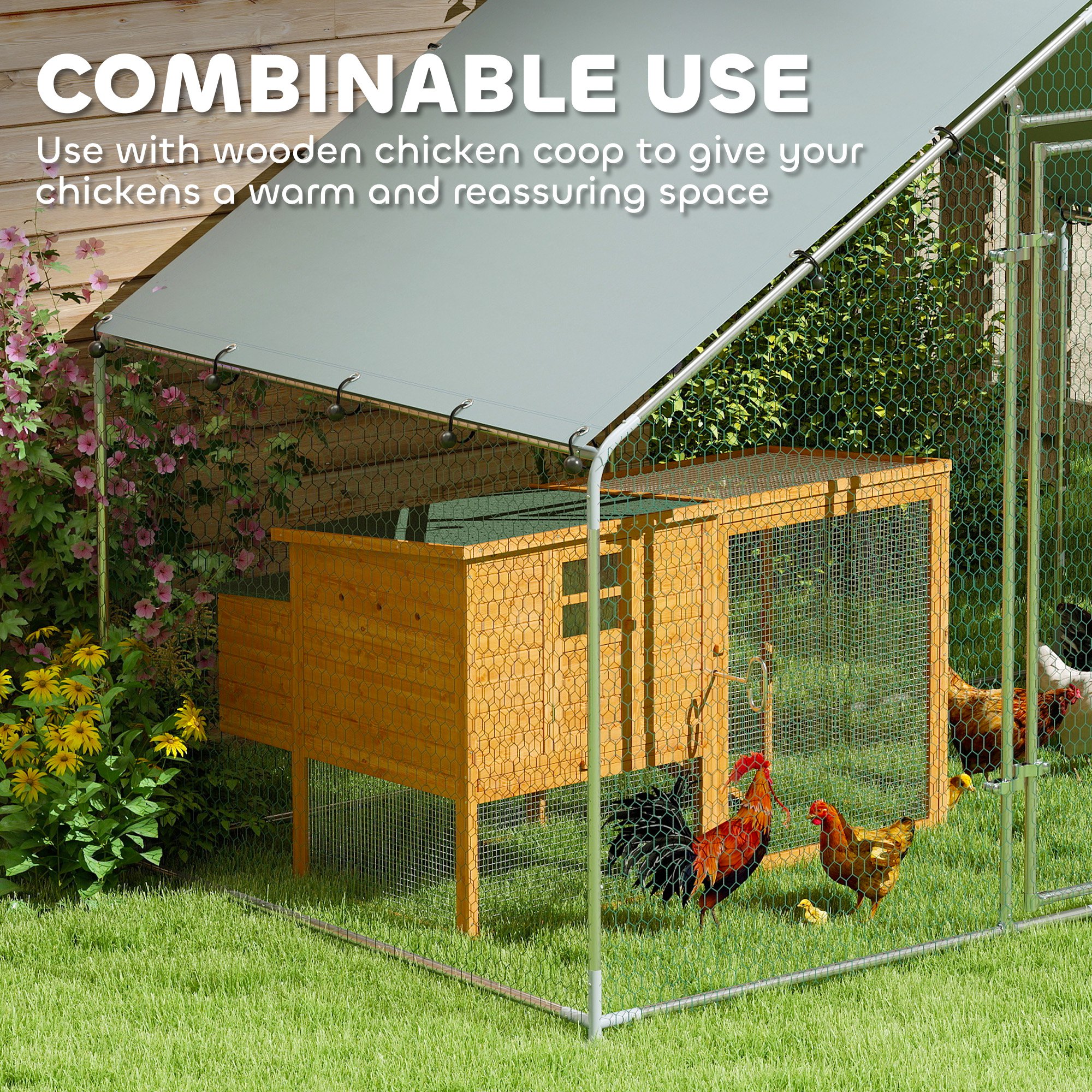 Metal Chicken Coop, 9.8 x 5.6 FT Walk-in Chicken Run with Cover, Lockable Door, Outdoor Poultry Cage for 5-8 Chickens - Image 5