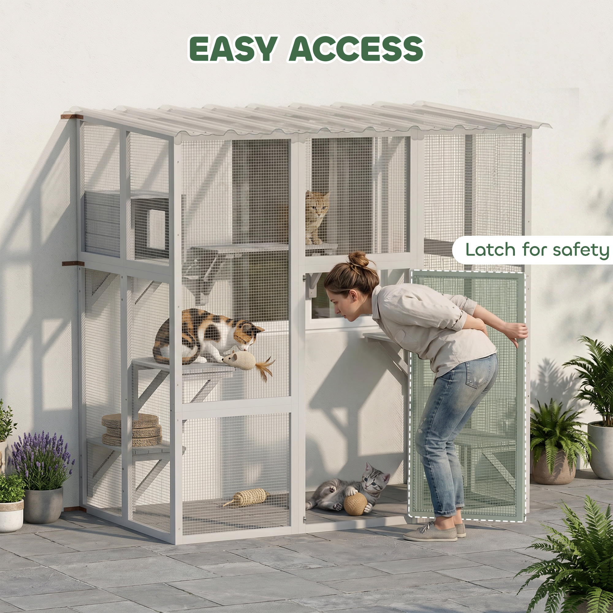 Large Outdoor Catio with Weatherproof Roof, Bridge, Resting Box, Platforms, White