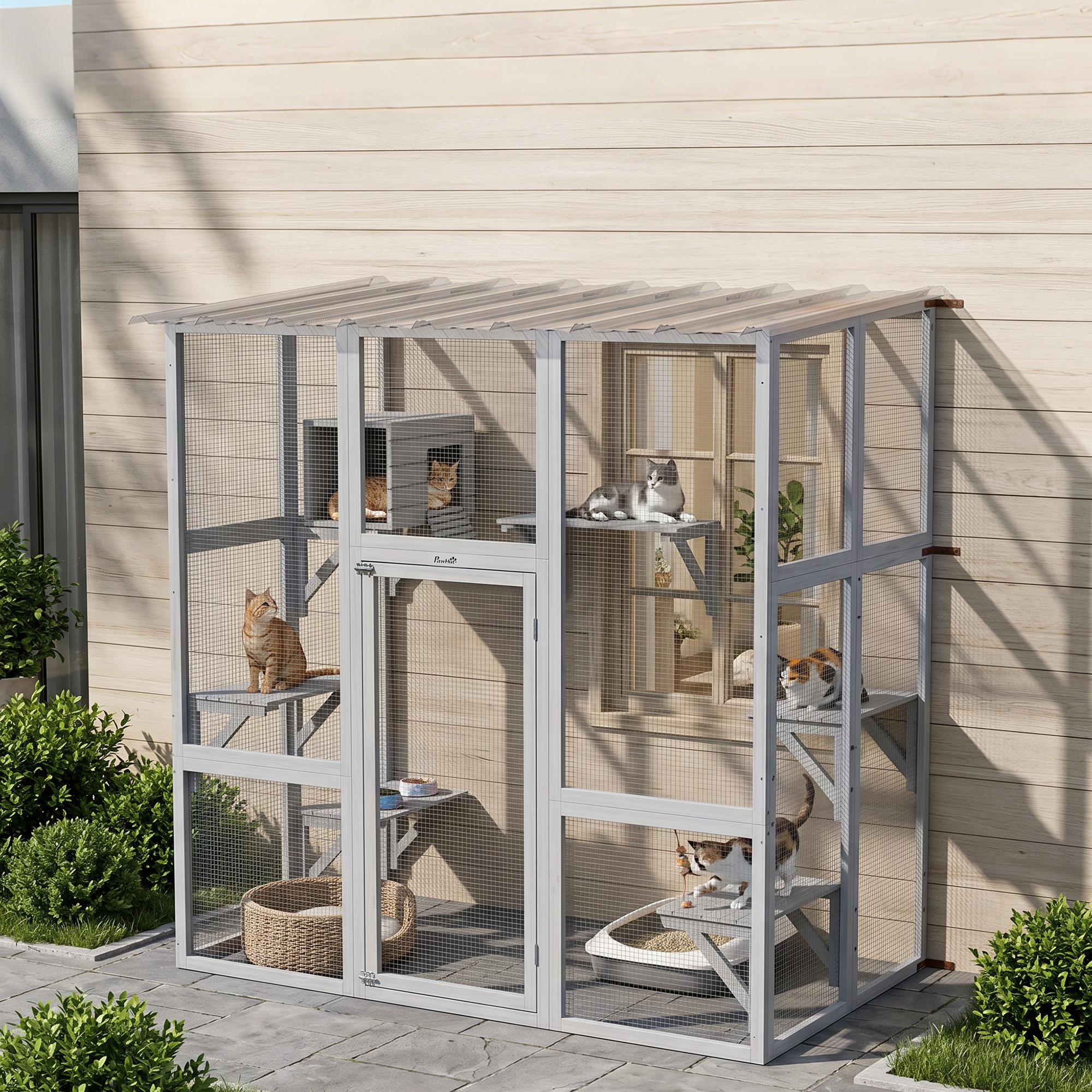 Large Outdoor Catio with Weatherproof Roof, Bridge, Resting Box, Platforms, White