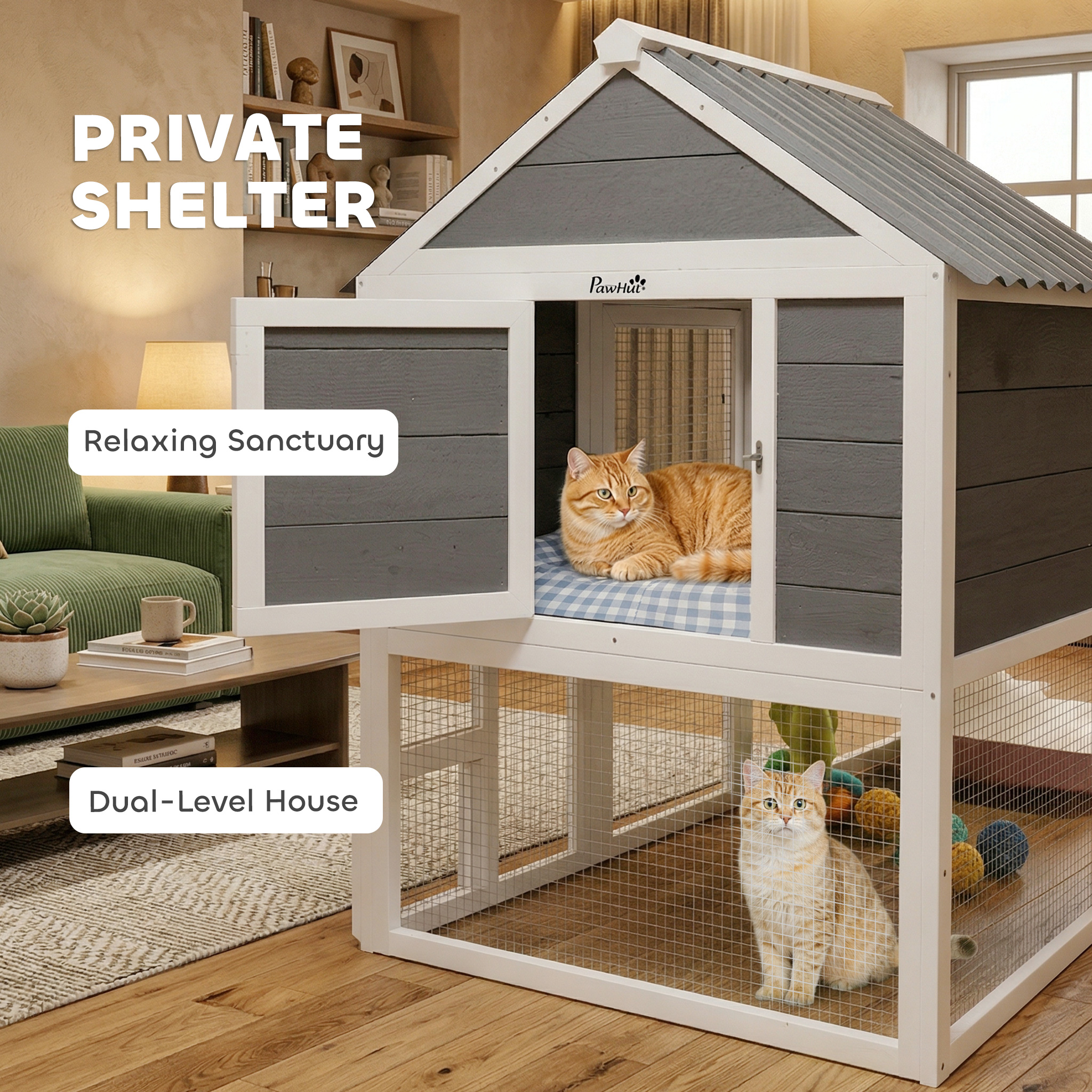 Catio Outdoor Cat Enclosure, 63" L Large Cat House with 4-Way Adjustable Door, Private House, Hammock, 2 Platforms