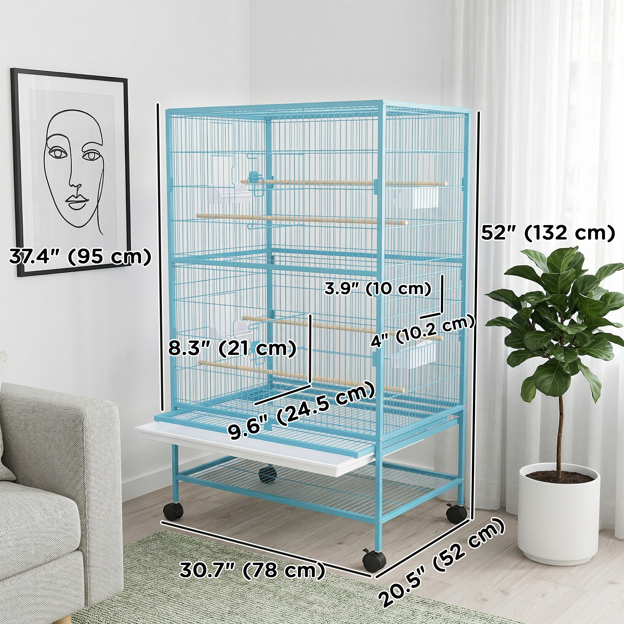 52'' Large Rolling Steel Bird Cage Bird House with Rolling Stand, Storage Shelf, Wood Perch, Food Container, Light Blue
