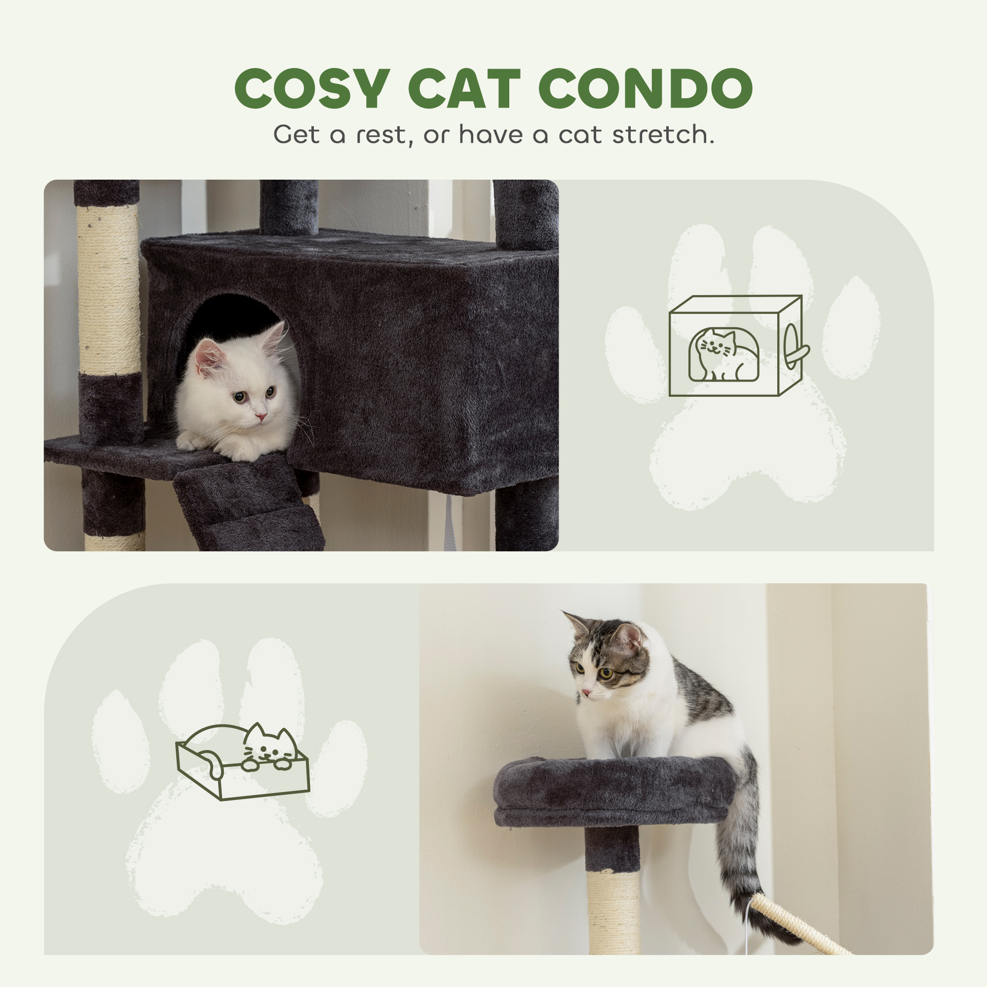 59 Inch Large Cat Tree with Sisal Scratching Posts, Cozy Condo, Top Perch, Ladder and Interactive Balls, Dark Grey