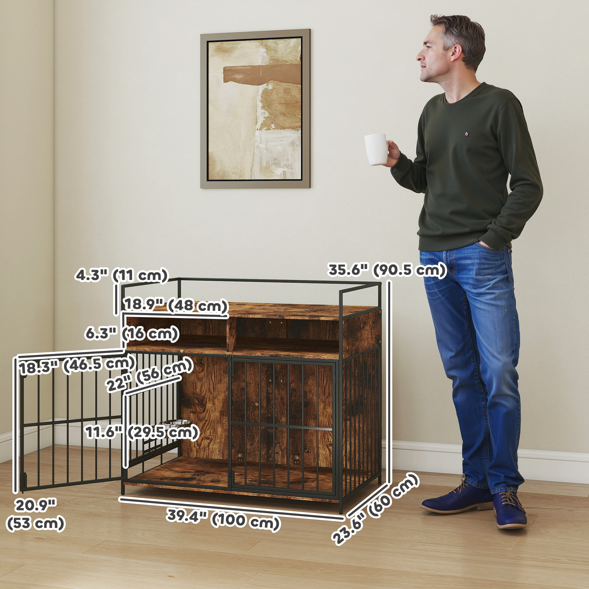 Dog Crate Furniture with Rotating Feeding Station Dog Kennel End Table Storage Shelves, Rustic Brown