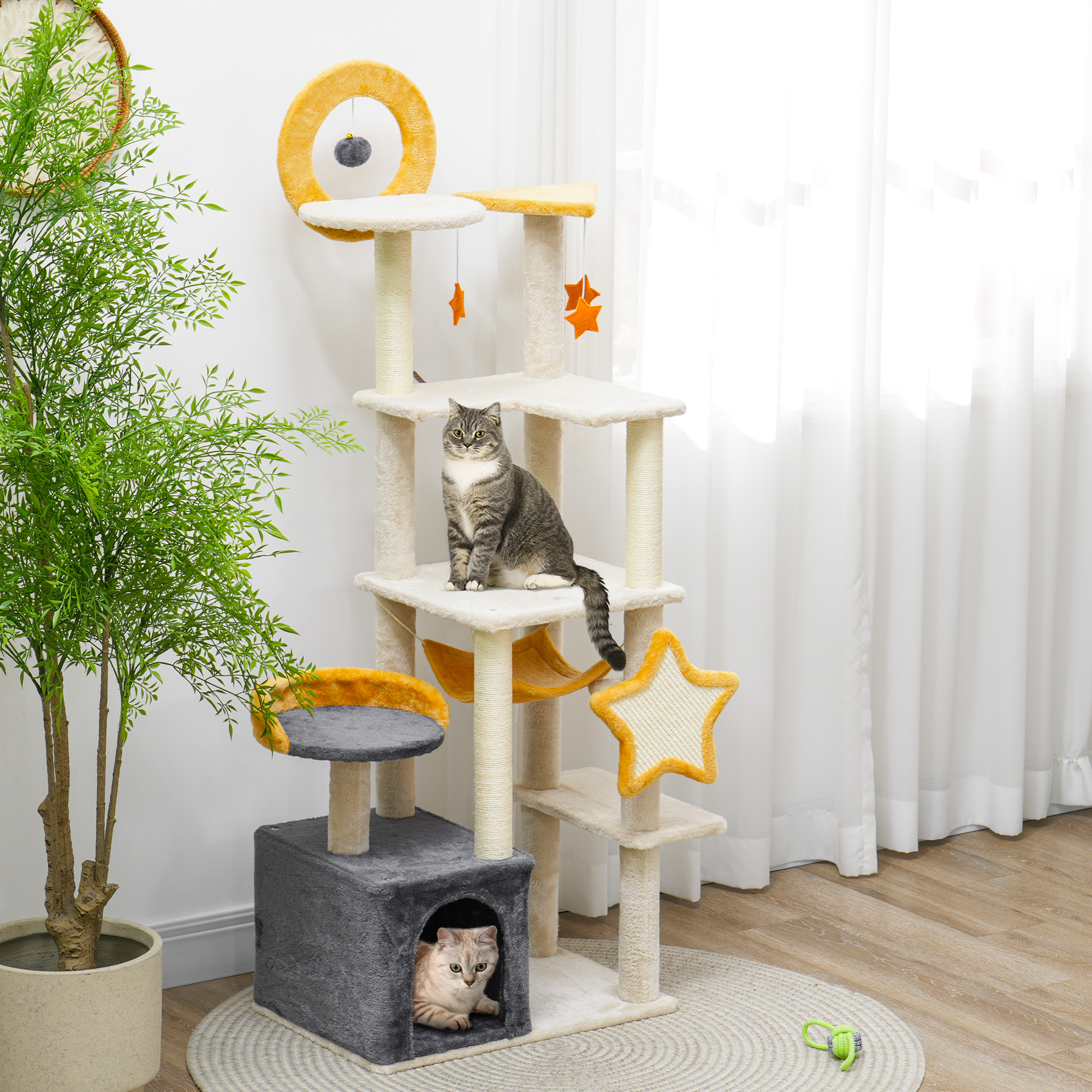 Star and Moon Themed Cat Tree with Cat Scratching Posts, Cat Condo, Bed, Scratching Board, Cat Toys, Beige