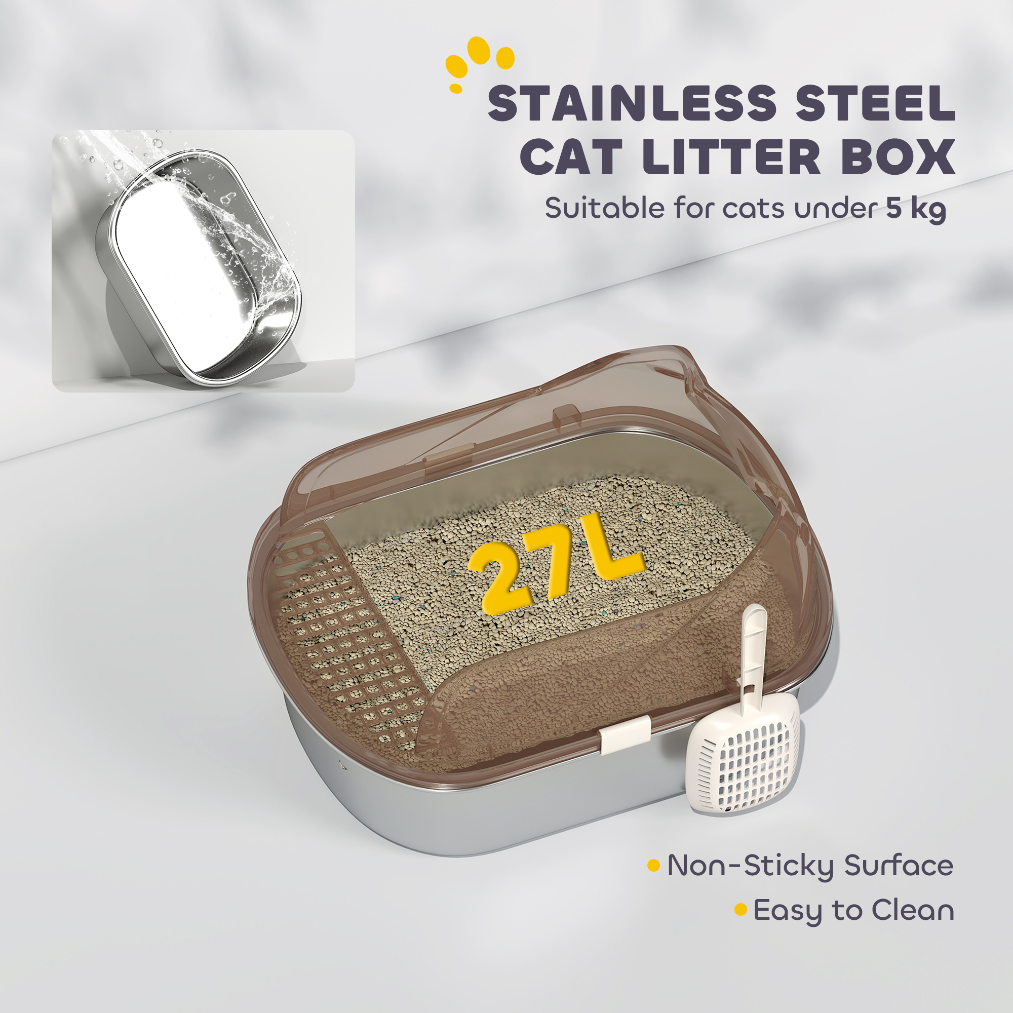 Stainless Steel Cat Litter Box with High Sided Enclosure, Scoop, Non-Sticky & Anti-Urine Leakage, Easy Cleaning