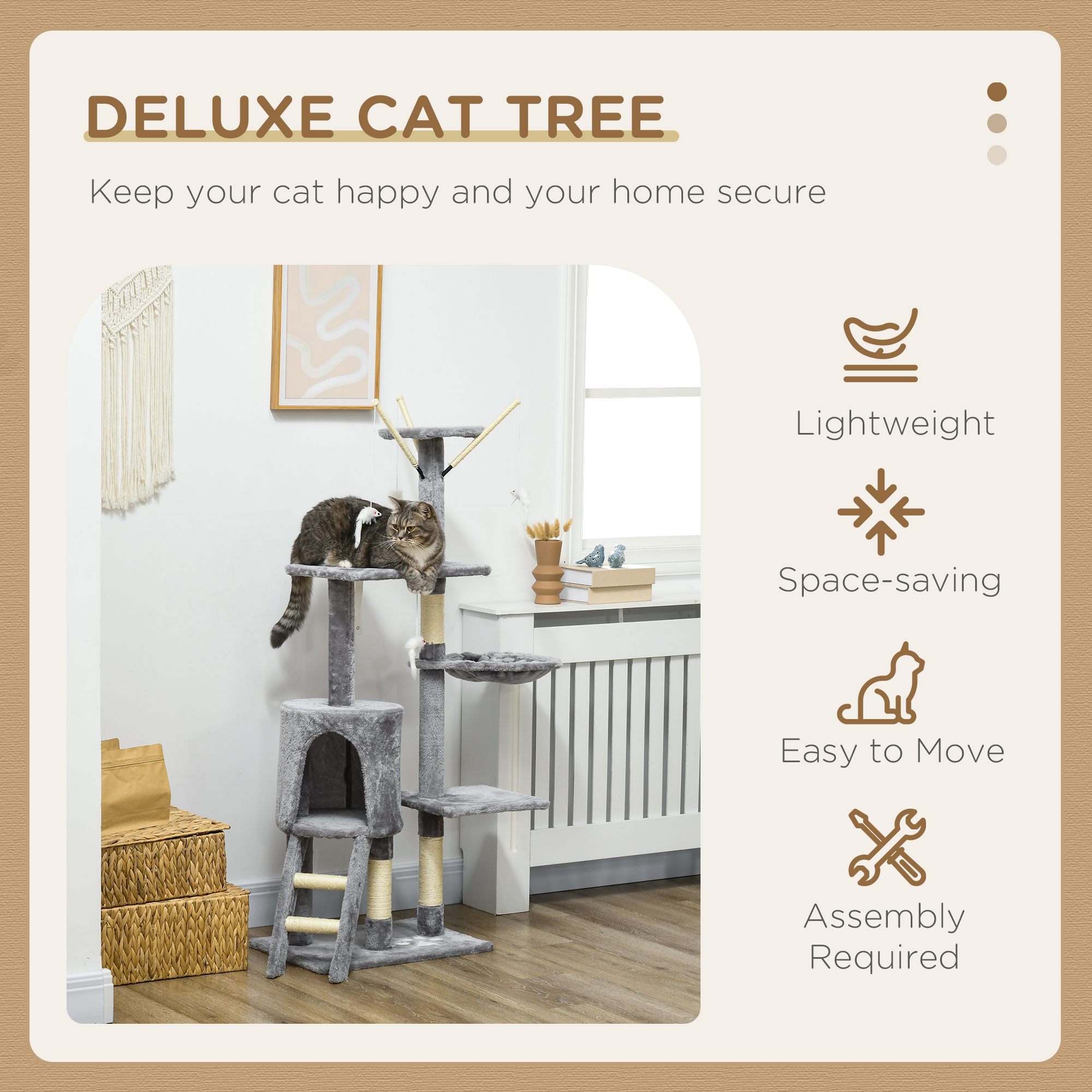 53" Cat Tree Tower, Kitten Activity Centre with Scratching Posts, Condo, Perches, Ladder, Hammock, Dangling Toys, Grey