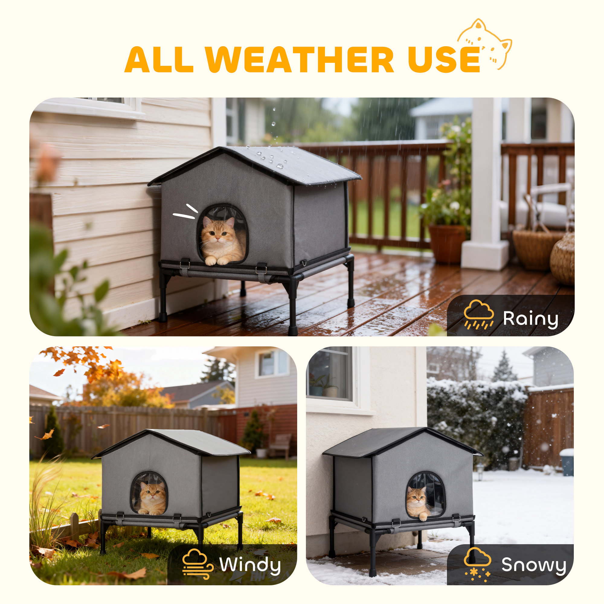 Outdoor Cat House, Waterproof Insulated Cat Kennel with Elevated Base, Foldable Feral Kitty Shelter for Kittens, Grey
