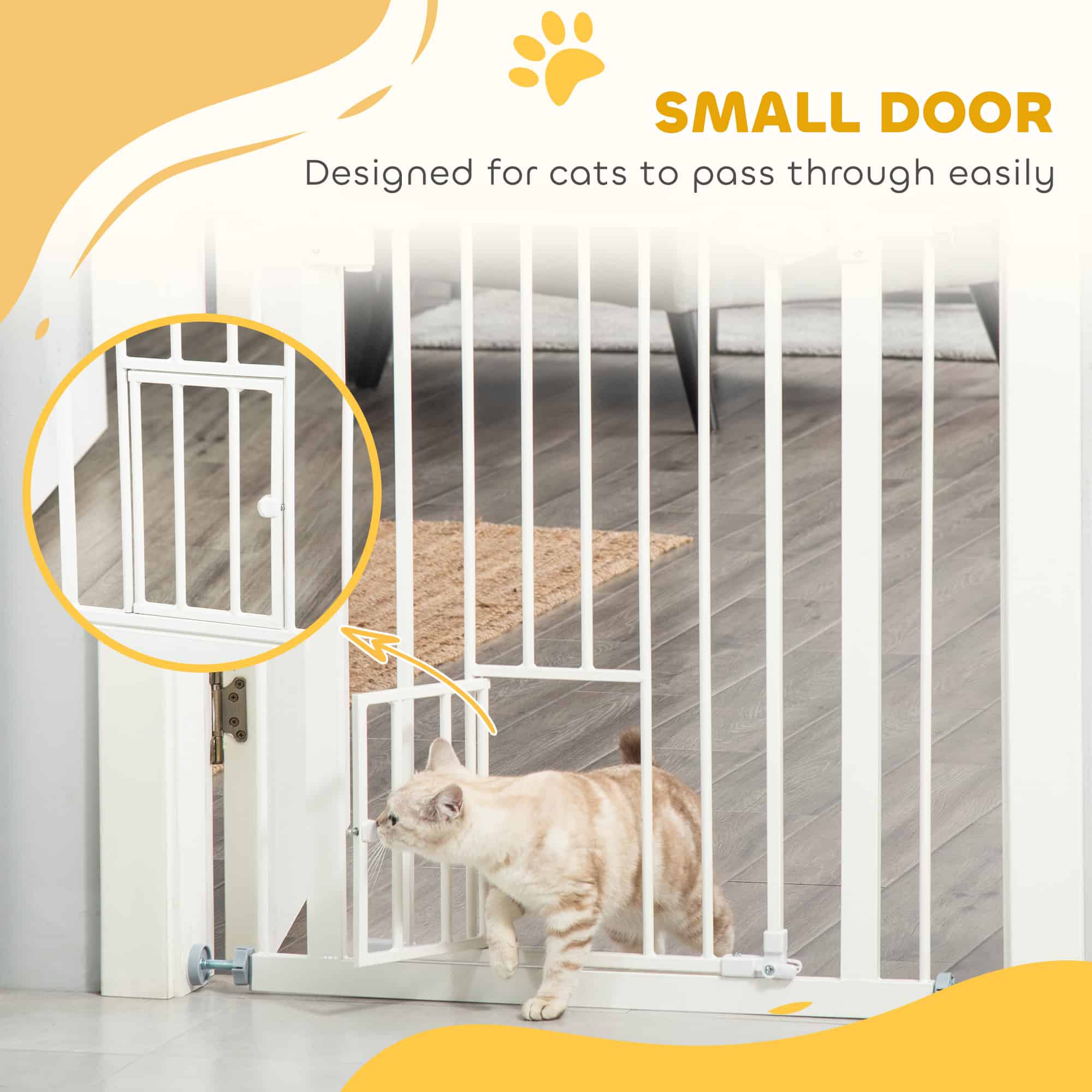 Pet Gate Extra Wide Press-Mounted with Cat Door, Auto Closing Pet Gate for Stair, Hallway, 29-32 Inch, White