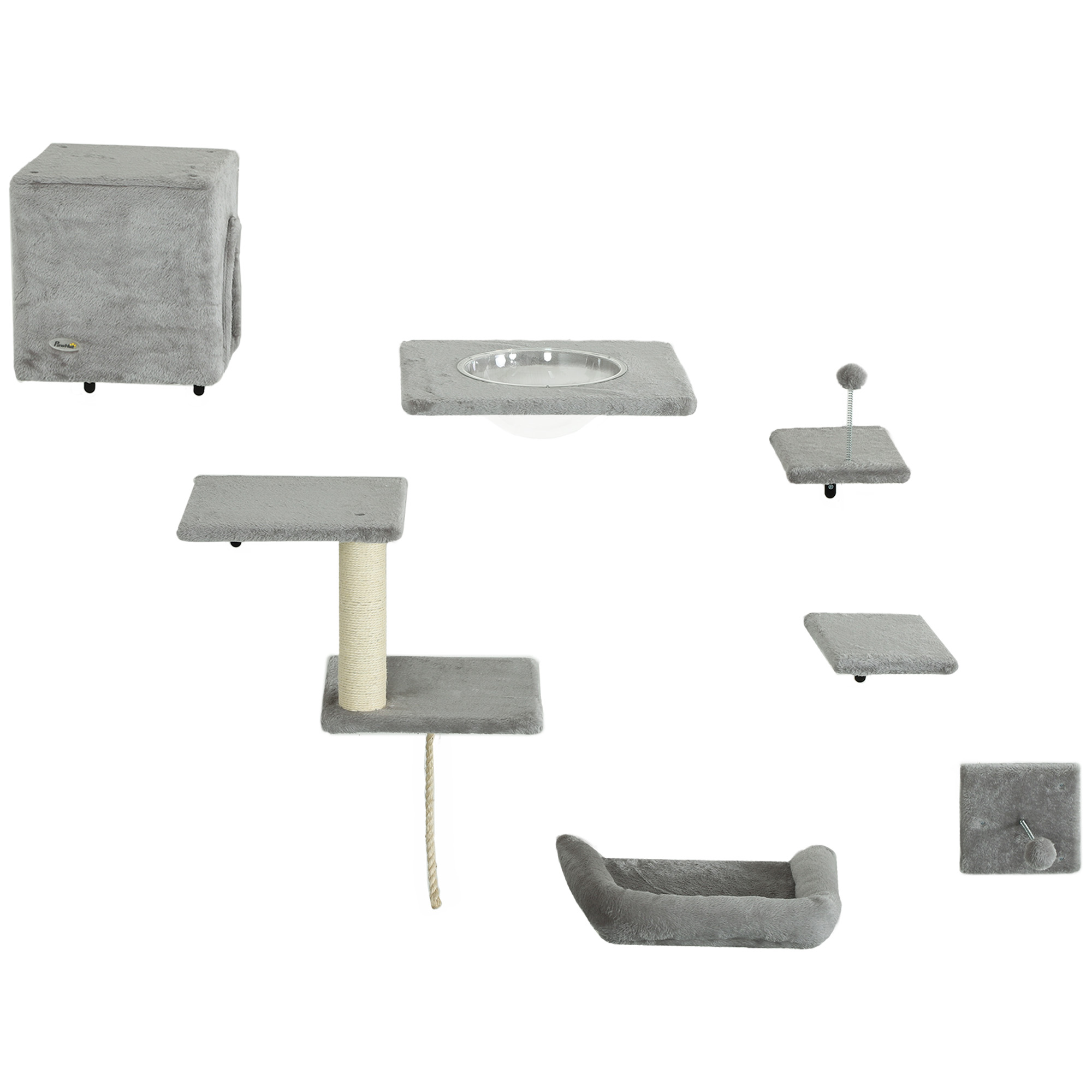 Cat Wall Shelves Set of 7, Shelves and Perches with House, Sisal Post Ladder, Bed & Ball, Grey