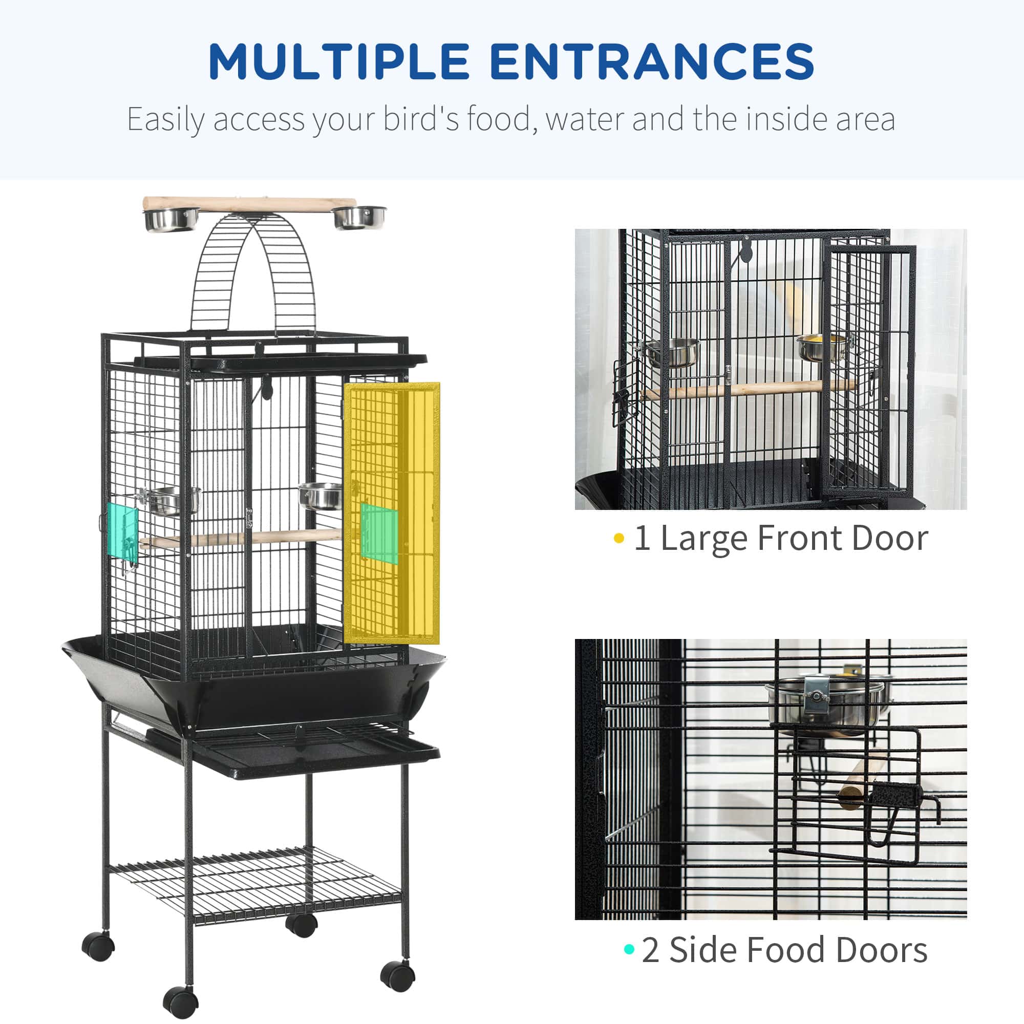 61.5 Inch Bird Cage Parakeet House for Cockatiel with Stand, Pull Out Tray, Play Top, Storage Shelf, Wood Perch, Food Container