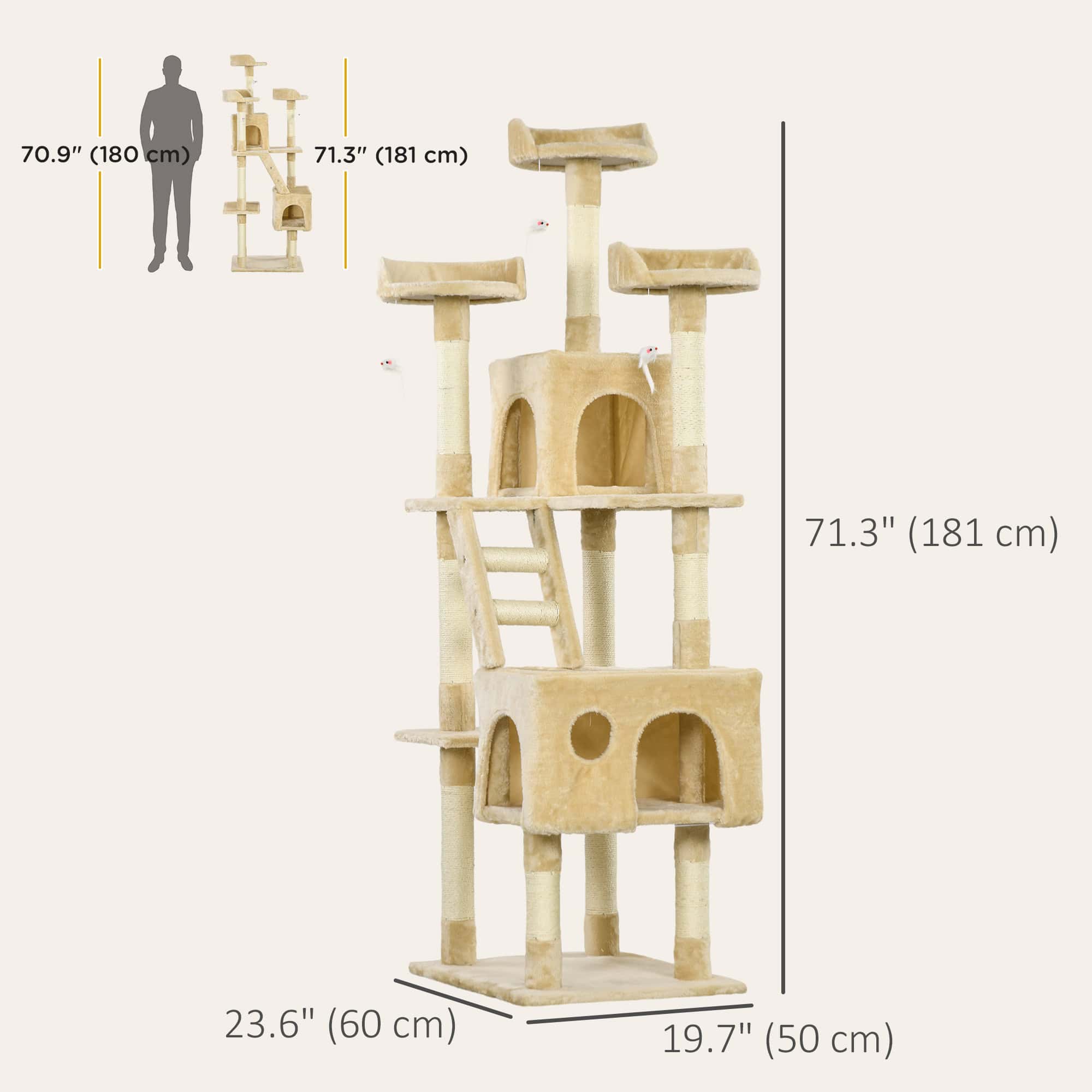 71-Inch Multi Level Scratching Cat Tree Kitty Condo Activity Center with Toys, Beige