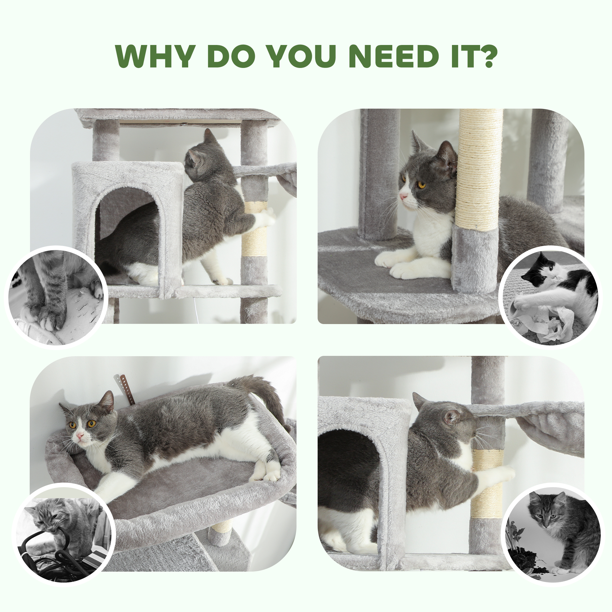 69" Cat Tree, Multi-Level Cat Tower with 2 Condos, Plush Perch and Sisal Scratching Posts, Light Grey