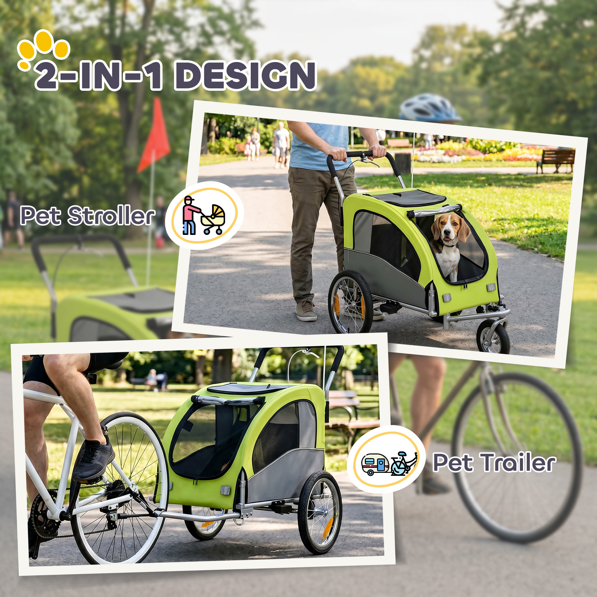2 in 1 Dog Bike Trailer, Foldable Pet Stroller, Dog Bicycle Trailer with Suspension, Universal Bicycle Coupler, Green