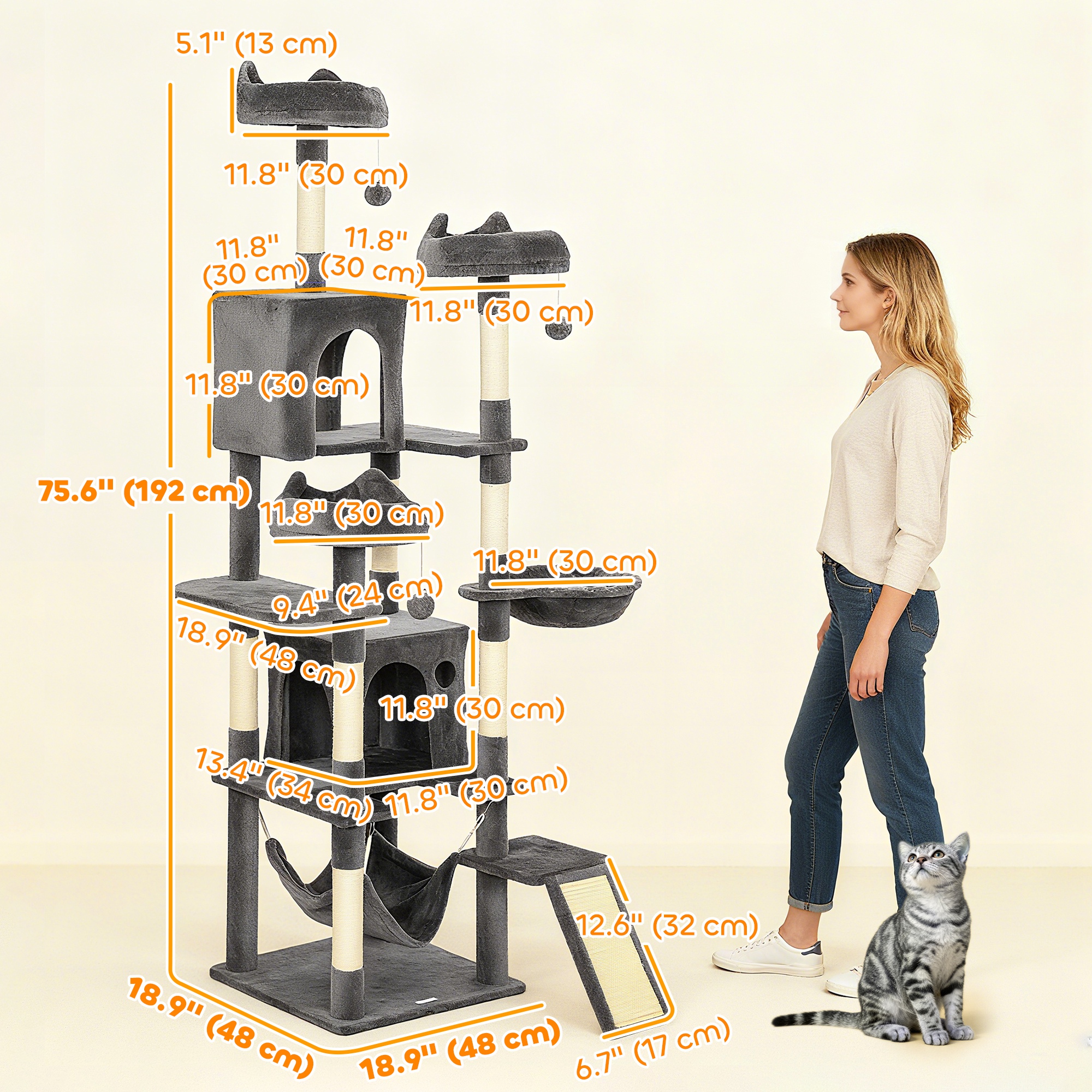 76" Large Cat Tree for Indoor Cats with 8 Scratching Posts, 3 Plush Beds, 2 Hammocks, 2 Large Condos, Ramp, Dark Grey