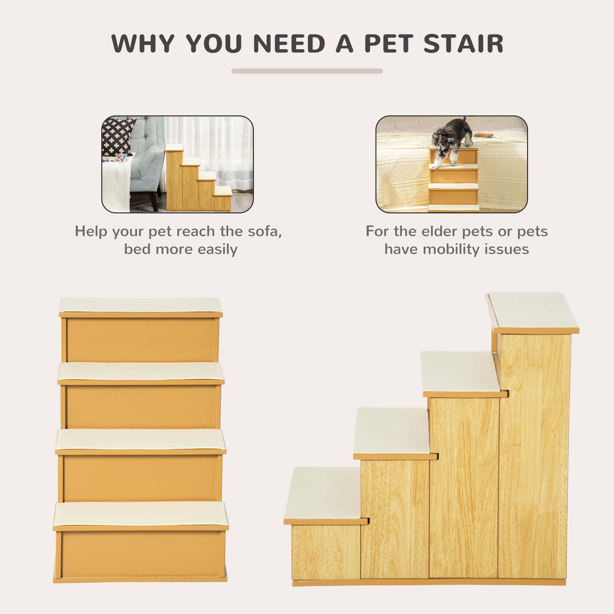 Dog Steps Pet Stairs for Bed Cat Ladder for Couch with Non-Slip Carpet, 15.7" x 23.2" x 21.3", Natural Wood