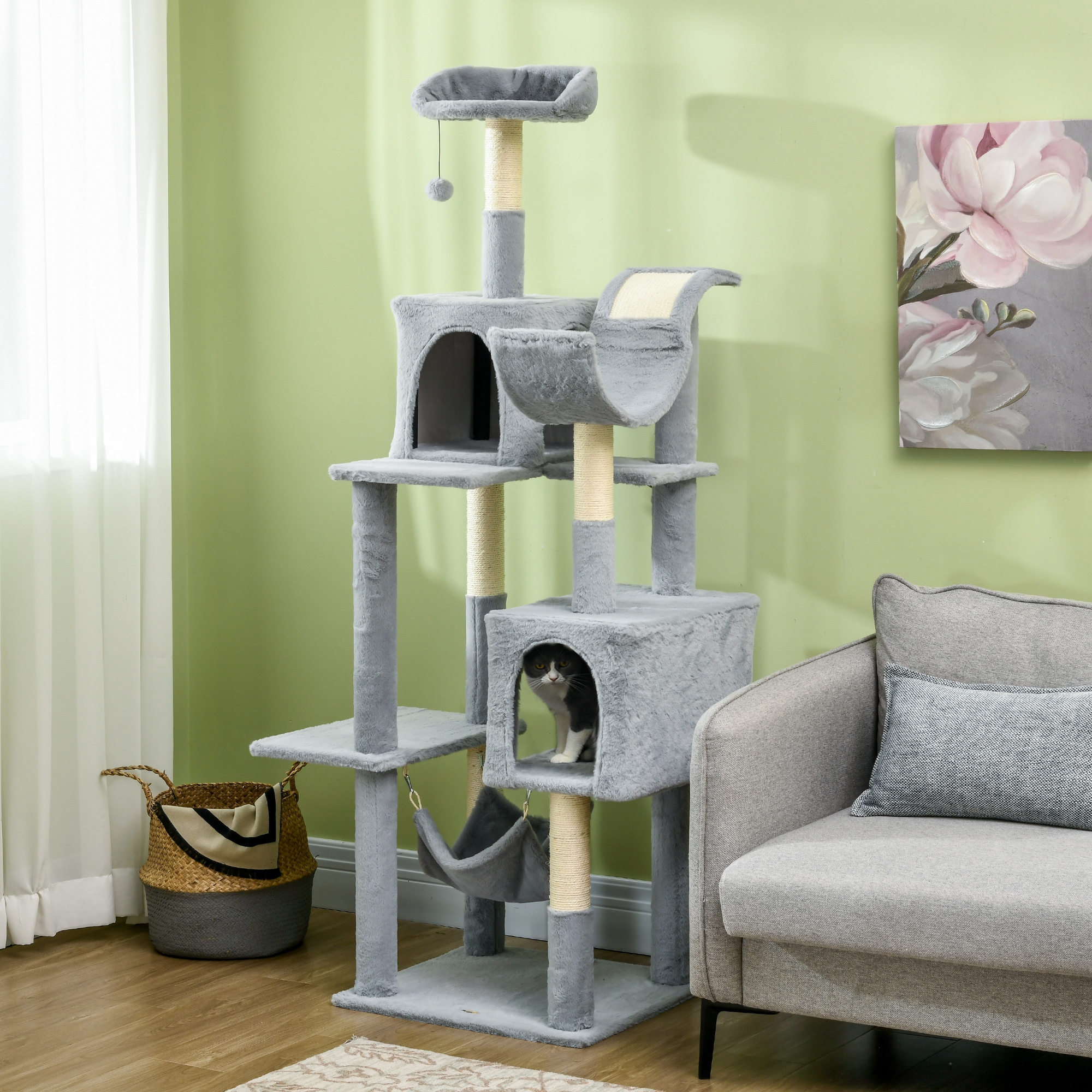 Tall Cat Tree for Indoor Cats, 70" Multi-Level Cat Tower with Hammock, Cat Bed, Cat Condo with Sisal Scratching Posts, Bluish Grey