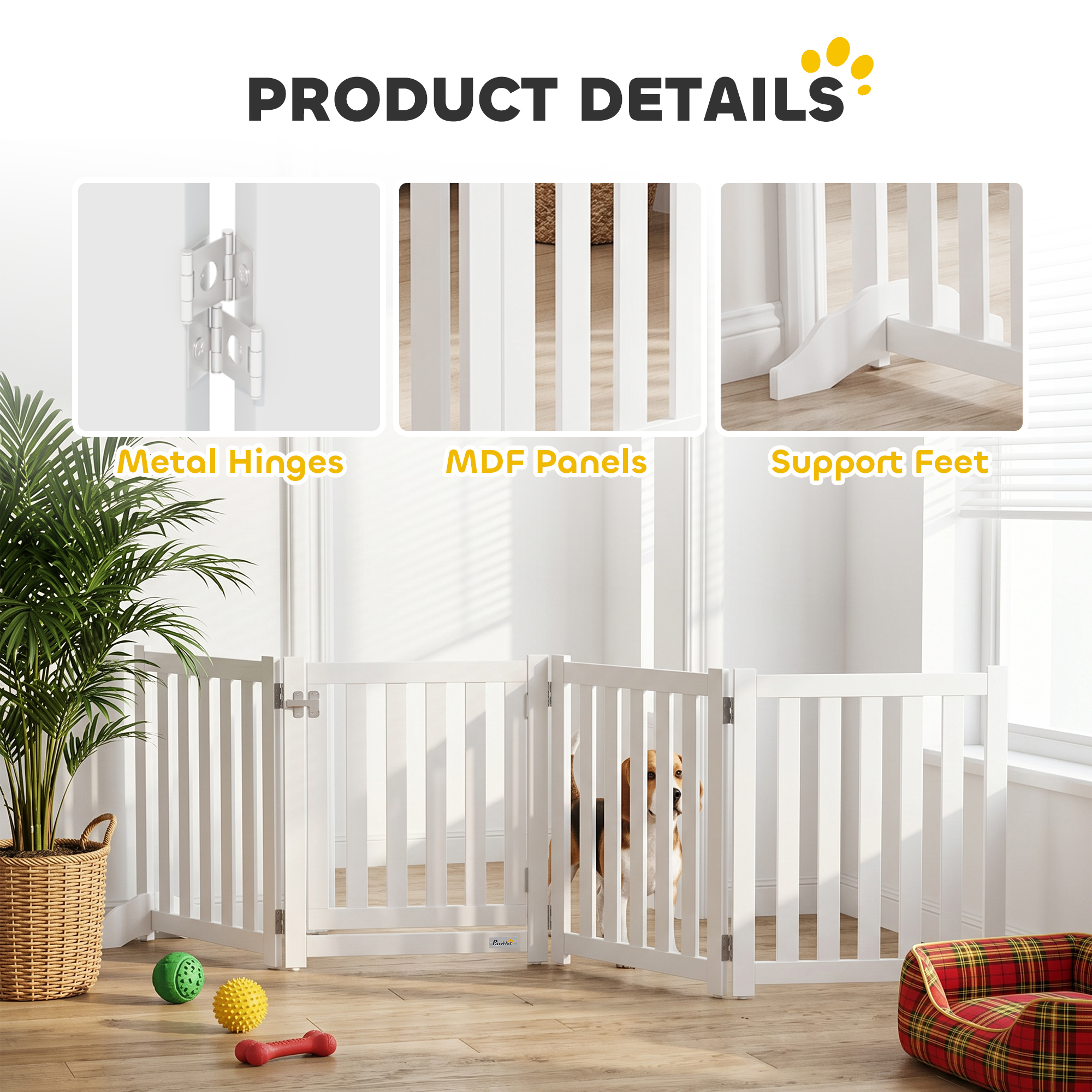 23.5"H Foldable Dog Gate with Door, 4 Panels Freestanding Pet Gate Barriers Indoor with Support Feet, Puppy Fence for Dogs, White