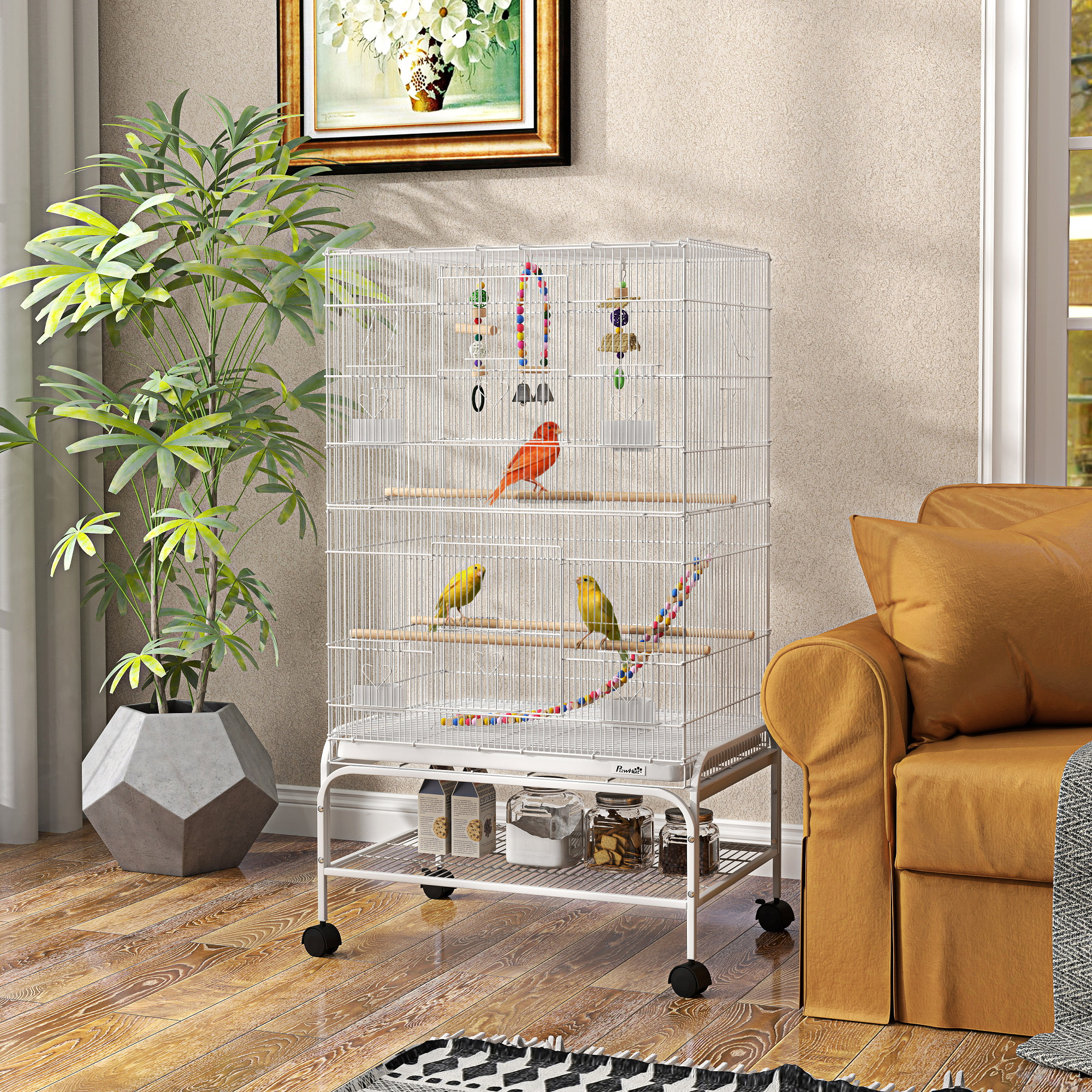 43" Bird Cage with Rolling Stand, Toys, for Budgies Canaries White