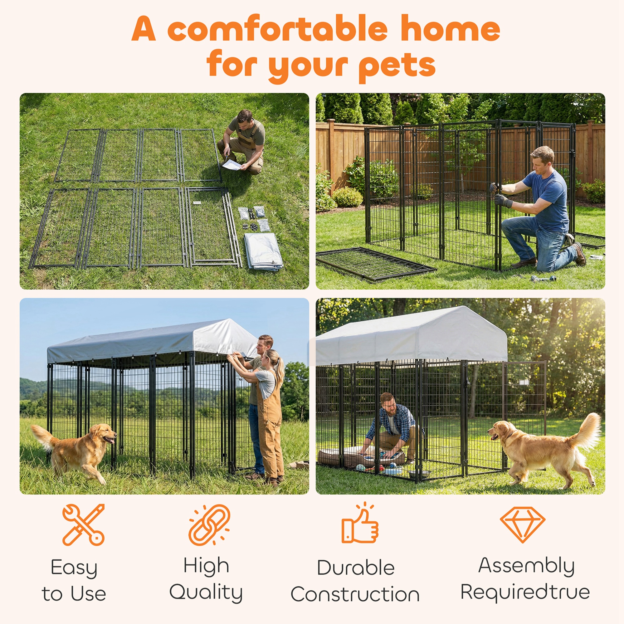 Outdoor Dog Kennel with Roof, 8' x 4' x 6' Heavy Duty Welded Wire Dog Playpen Enclosure with Escape-proof Lock