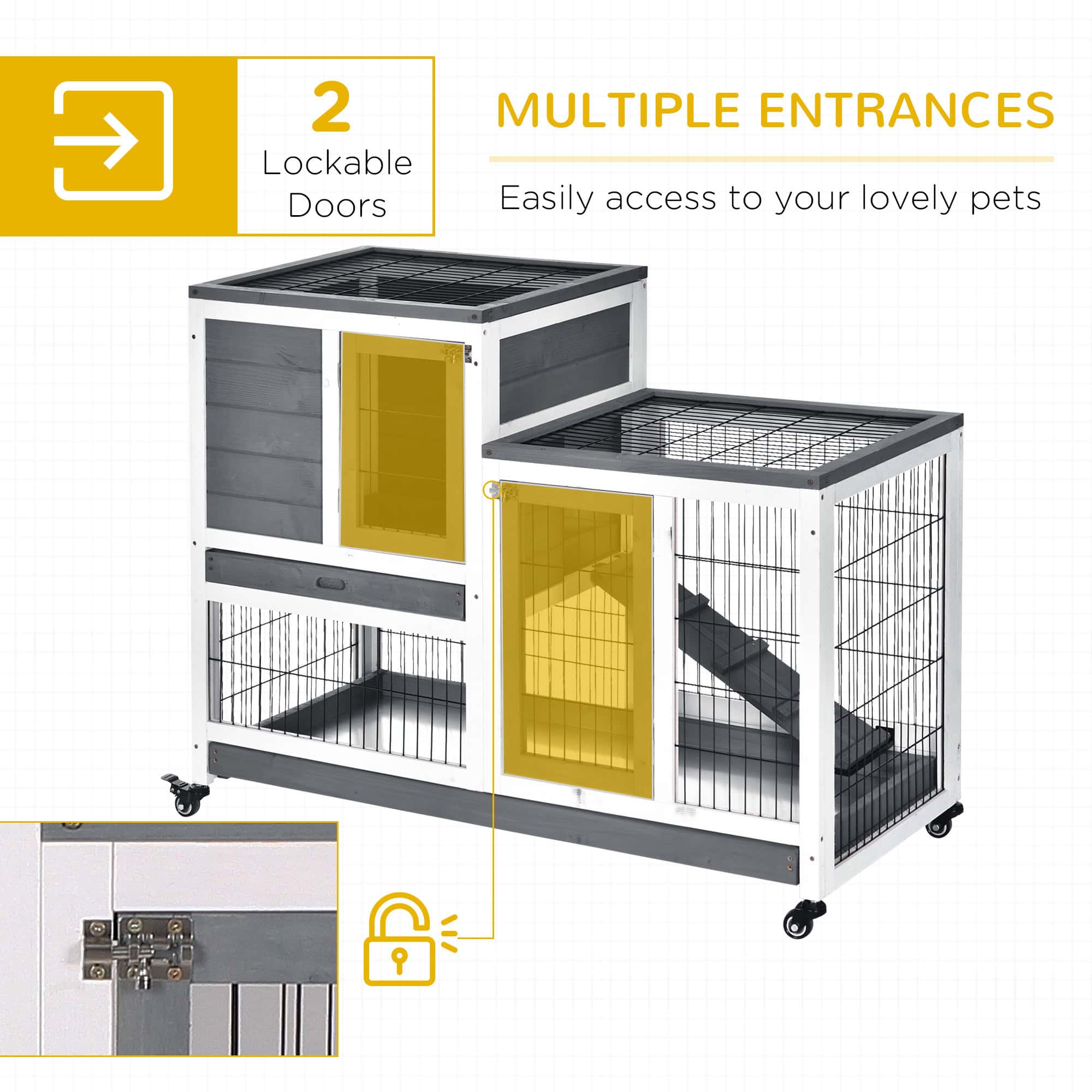 Wooden Rabbit Hutch, Indoor Bunny Cage with Wheels, Pull Out Trays, Run, Grey