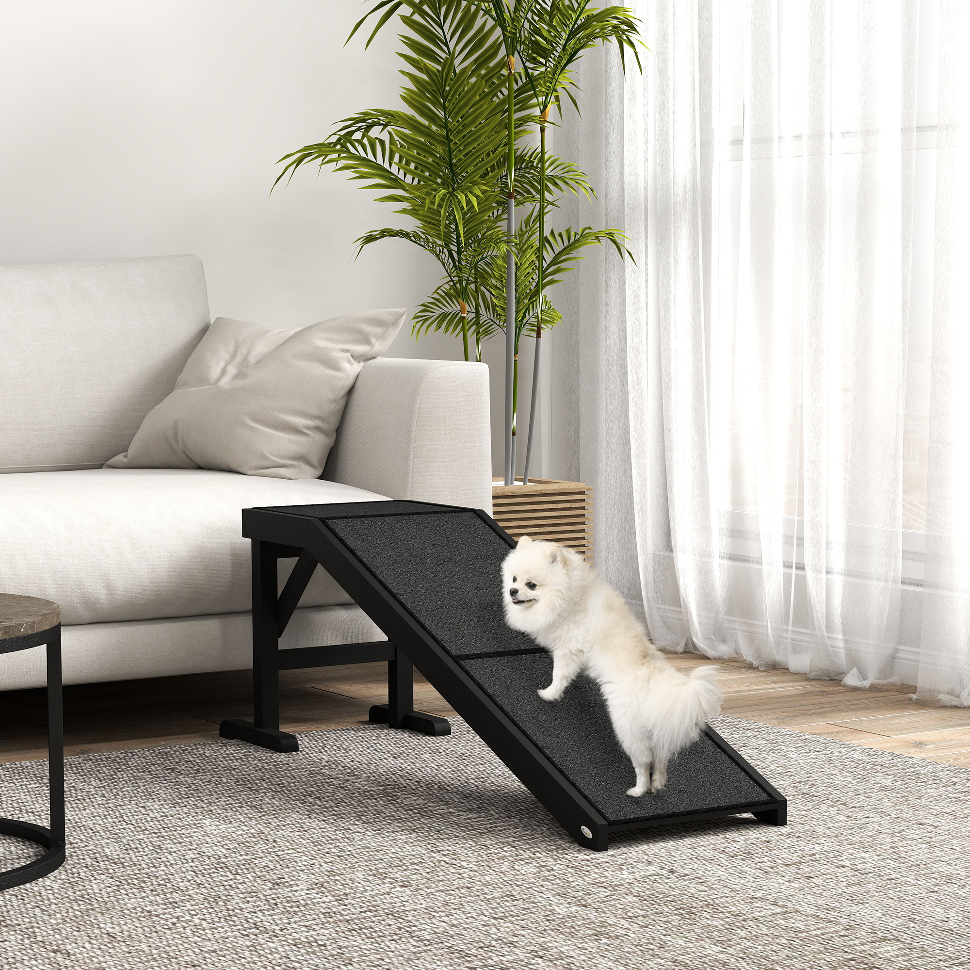 Pet Ramp Bed Steps for Dogs Cats Non-slip Carpet Top Platform Pine Wood 59"L x 16"W x 20"H Black