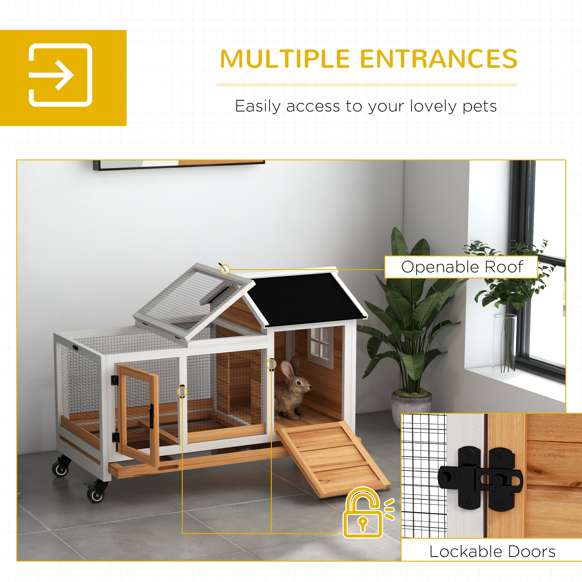 Rabbit Cage with Wheels, Ramp, Run, Tray for Indoor Outdoor, Suitable for Rabbit, Guinea Pig, Yellow