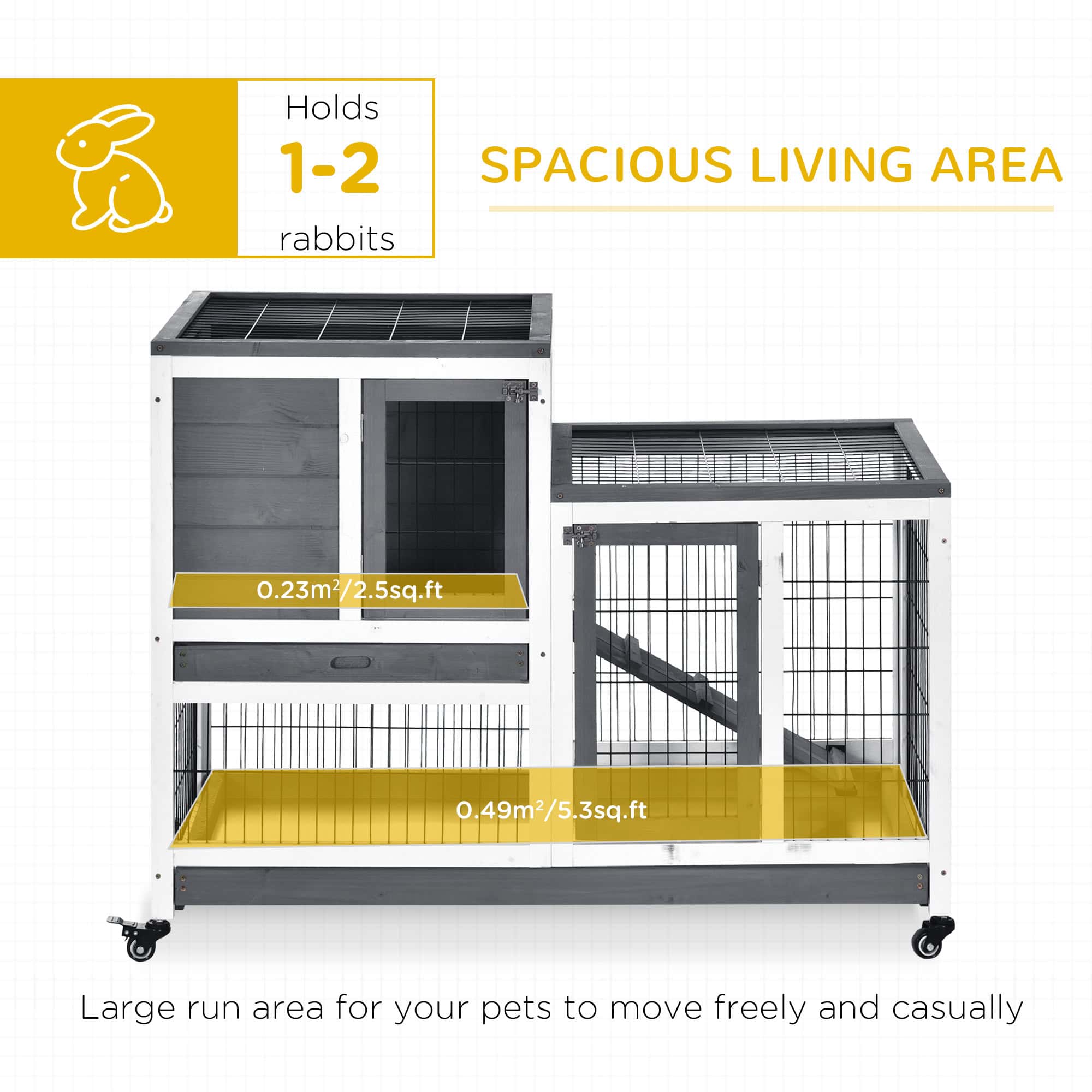 Wooden Rabbit Hutch, Indoor Bunny Cage with Wheels, Pull Out Trays, Run, Grey