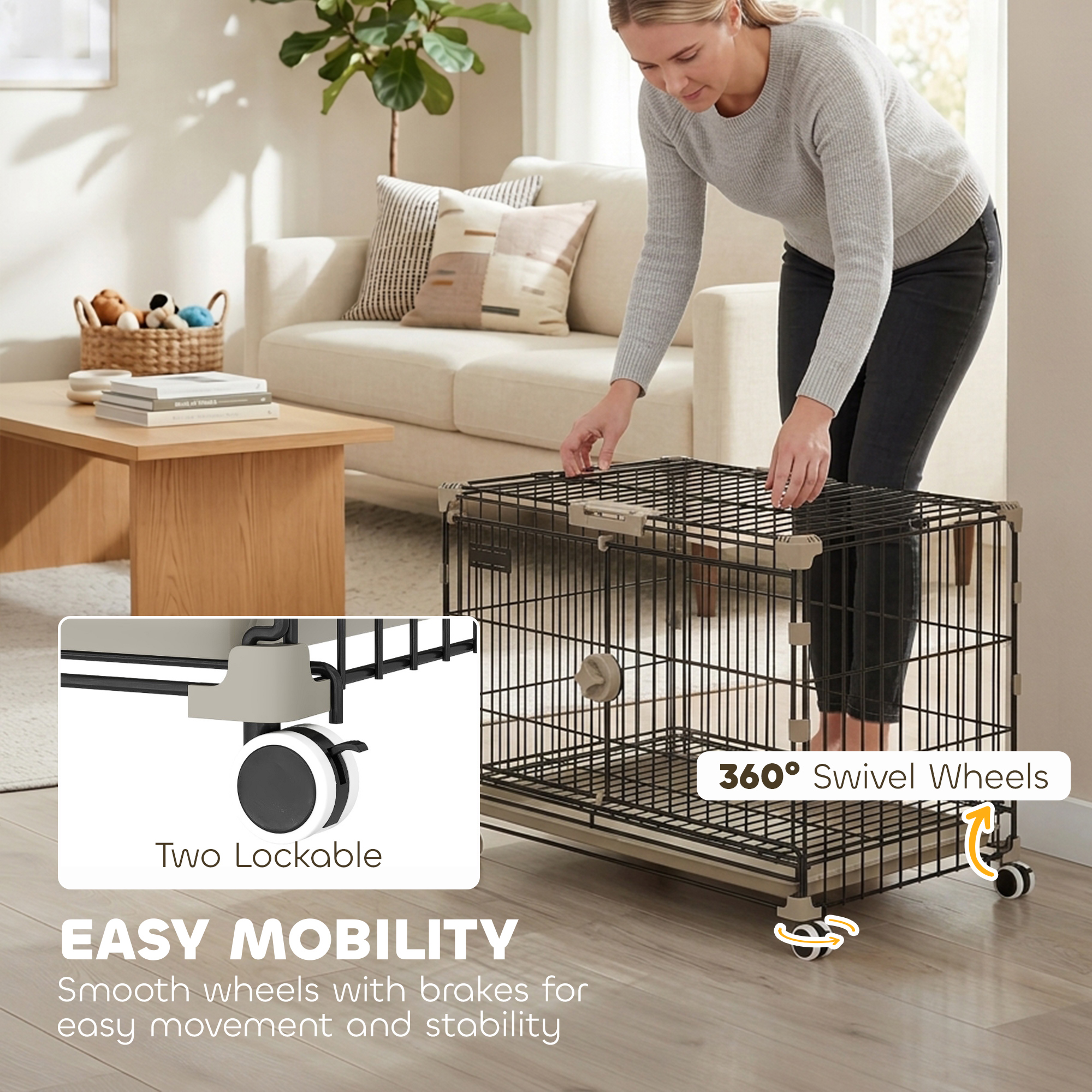 Dog Crate, 24 Inch Metal Dog Cage with Removable Tray, Lockable Wheels, 2 Doors for Small Breeds, Black