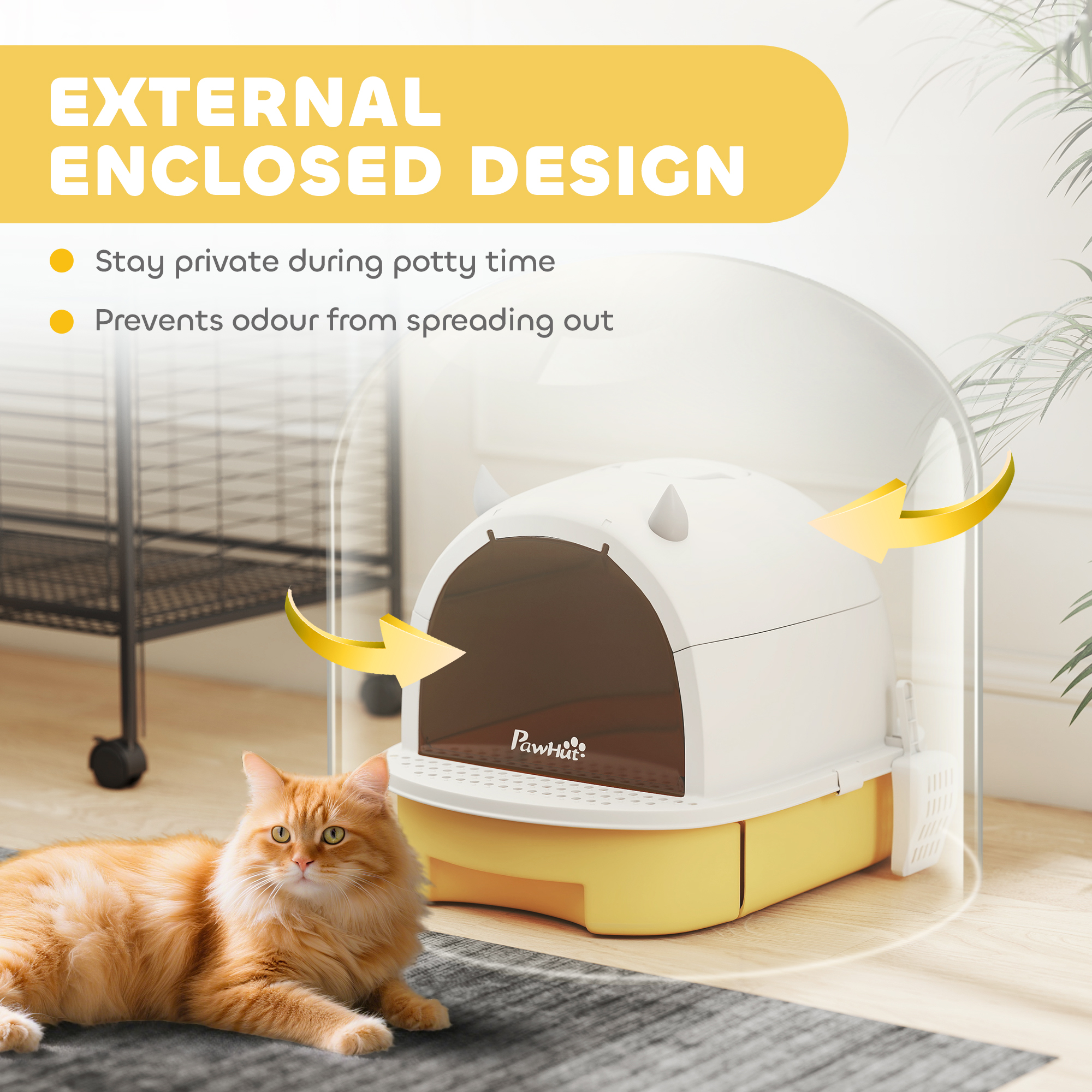 Cat Litter Box with Lid, Front Door Flap, Scoop, Handle, Easy Clean, for Small and Medium Cats, Yellow - Image 4