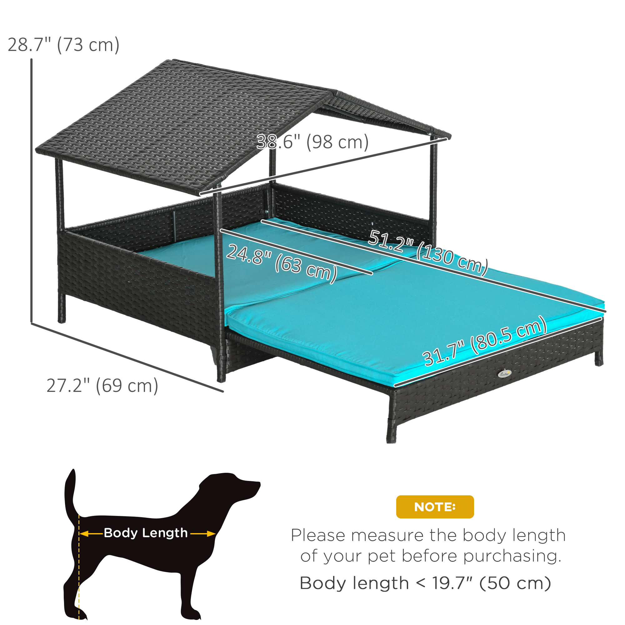 Rattan Dog House with Canopy, Wicker Dog Bed with Water-Resistant Cushion, for Small and Medium Breeds Blue