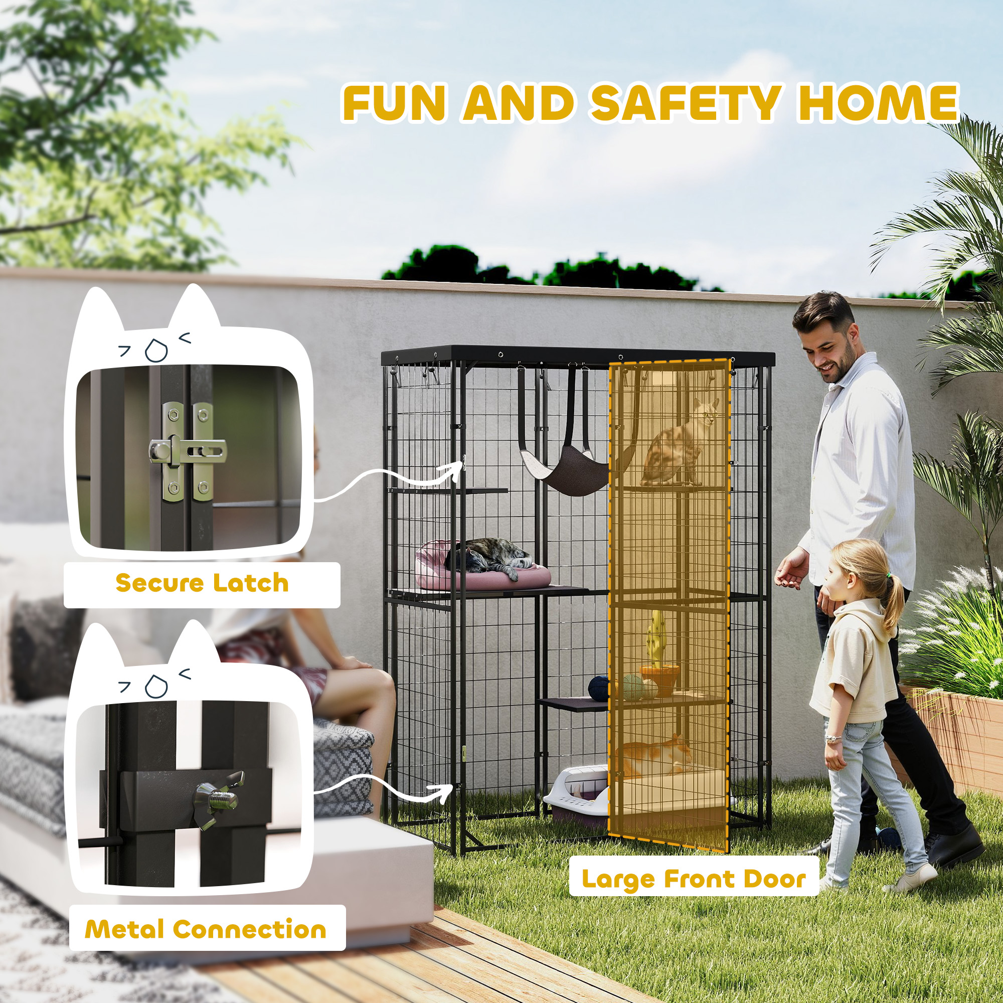 Metal Cat Cage with Waterproof Cover, 4 Platforms, Hammock, Washable Cushions for 1-3 Kittens, 46.5" x 22" x 62", Black