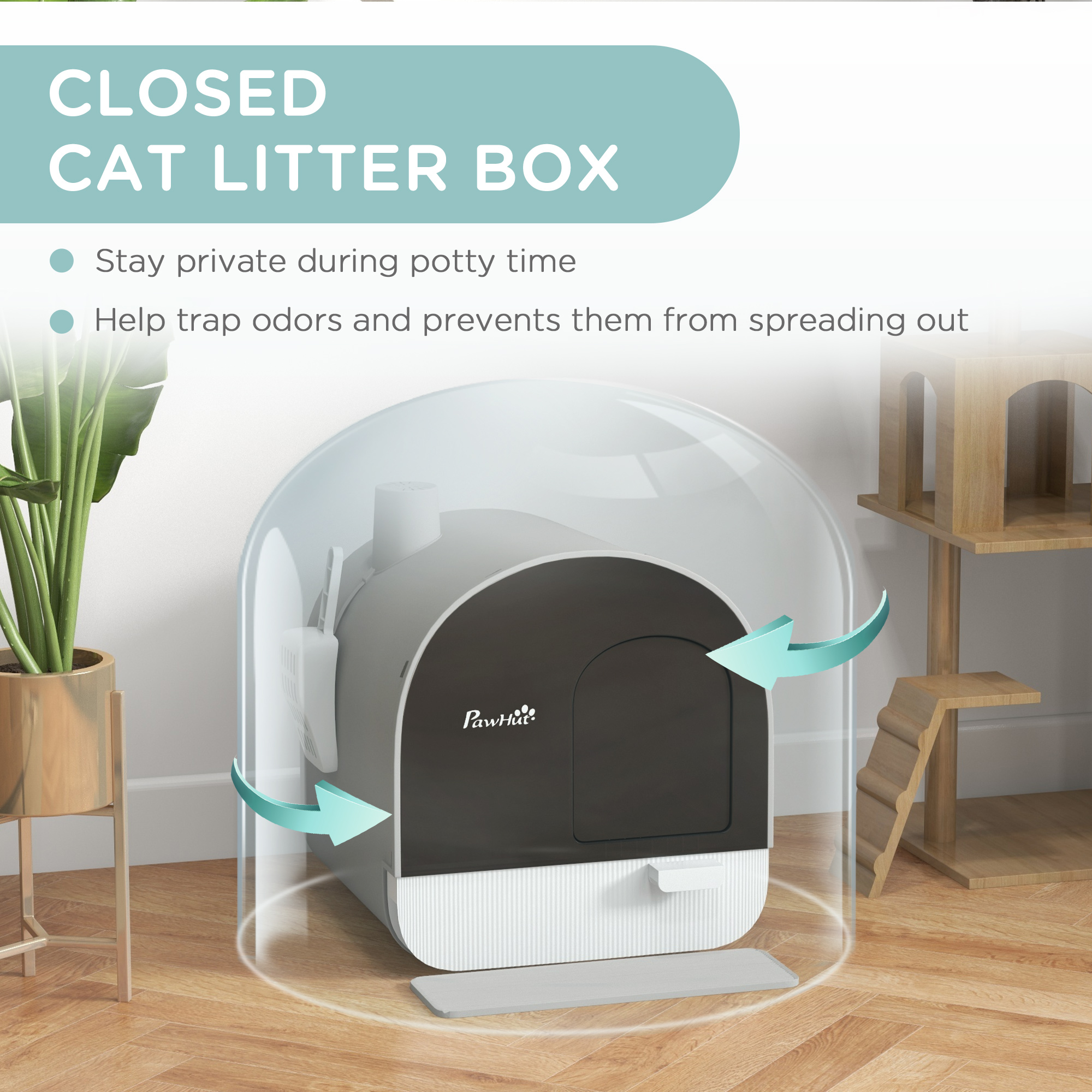 Cat Litter Box with Lid, Removable Tray, Scoop, Filter, Light Grey - Image 5