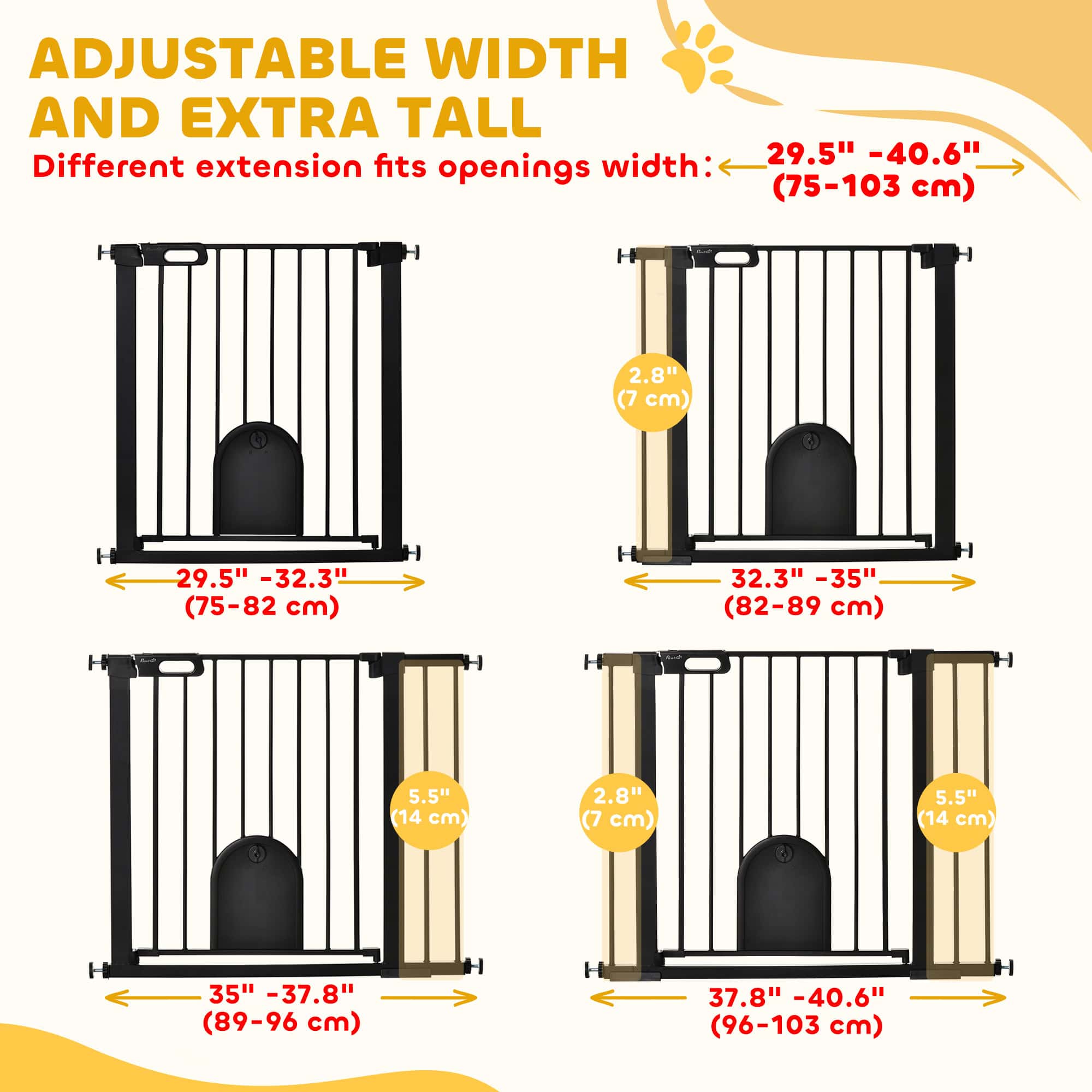30"-41" Extra Wide Pet Gate Barrier with Small Door, 30"H Dog Gate with Safety Gate Barrier, Stair Pressure Fit, Black