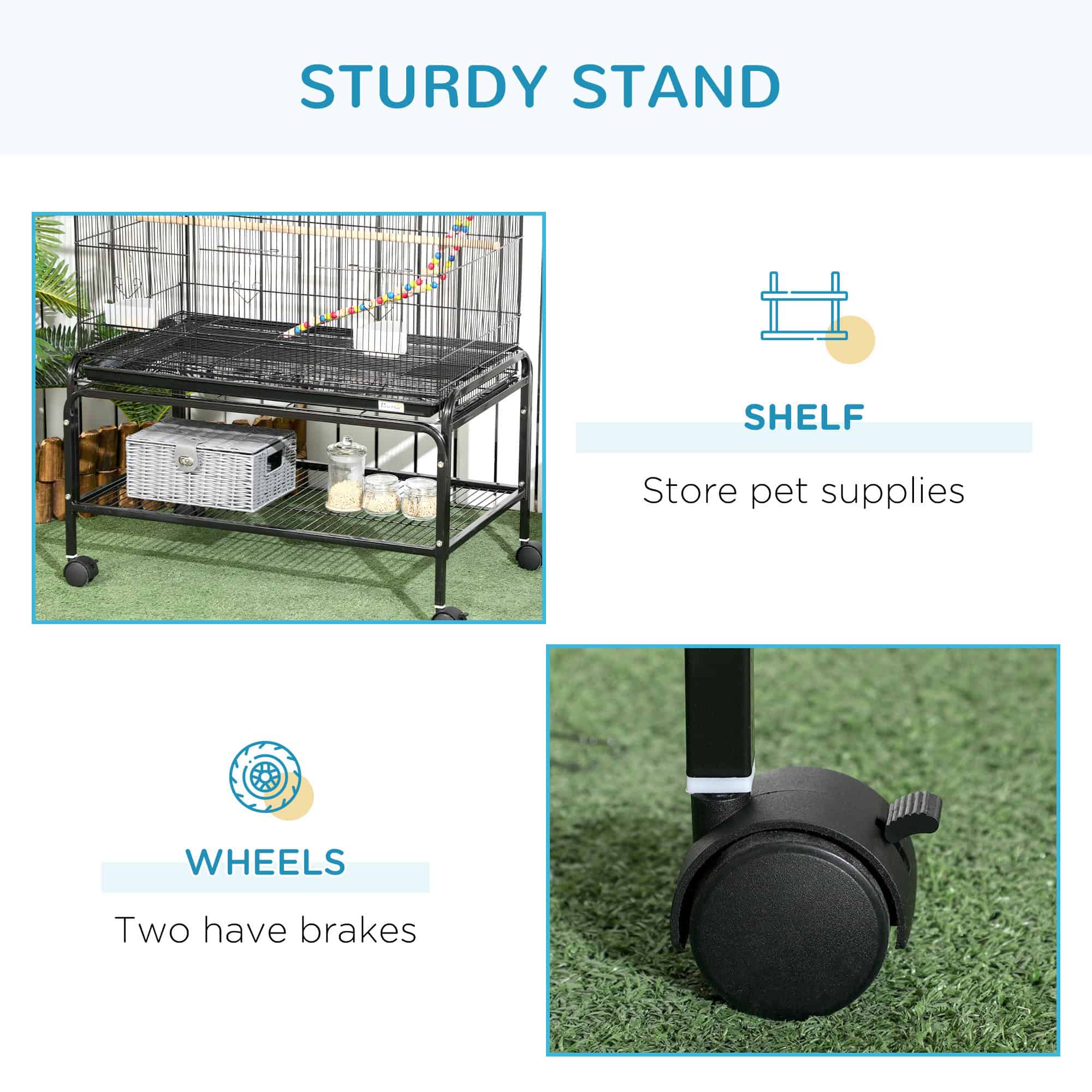 52" Bird Cage with Rolling Stand, Toys, for Budgies Canaries Black