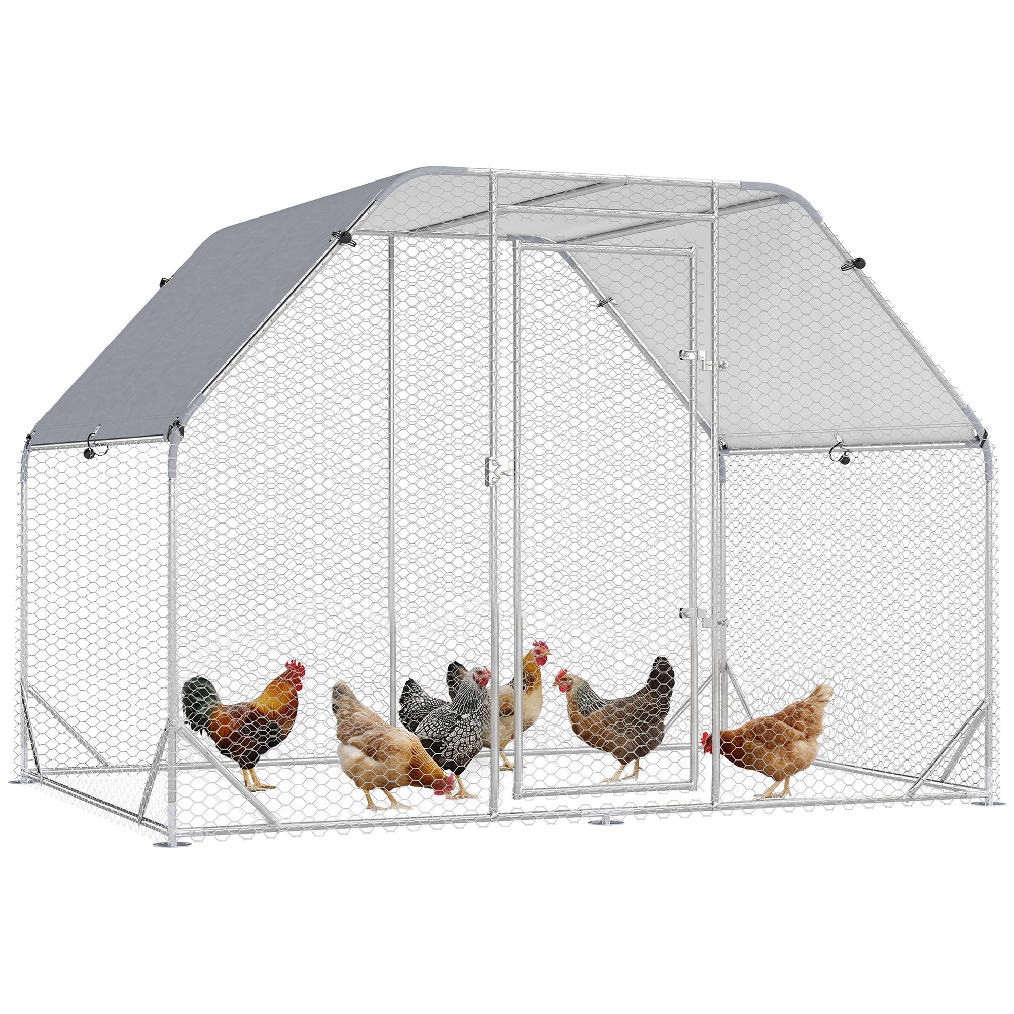 Chicken Run Outdoor, Galvanized Large Metal Chicken Coop Cage, Walk-in Enclosure Poultry Hen Run House Playpen Rabbit Hutch with Flat Roof, Cover, 9.2'x6.2'x6.5', Silver
